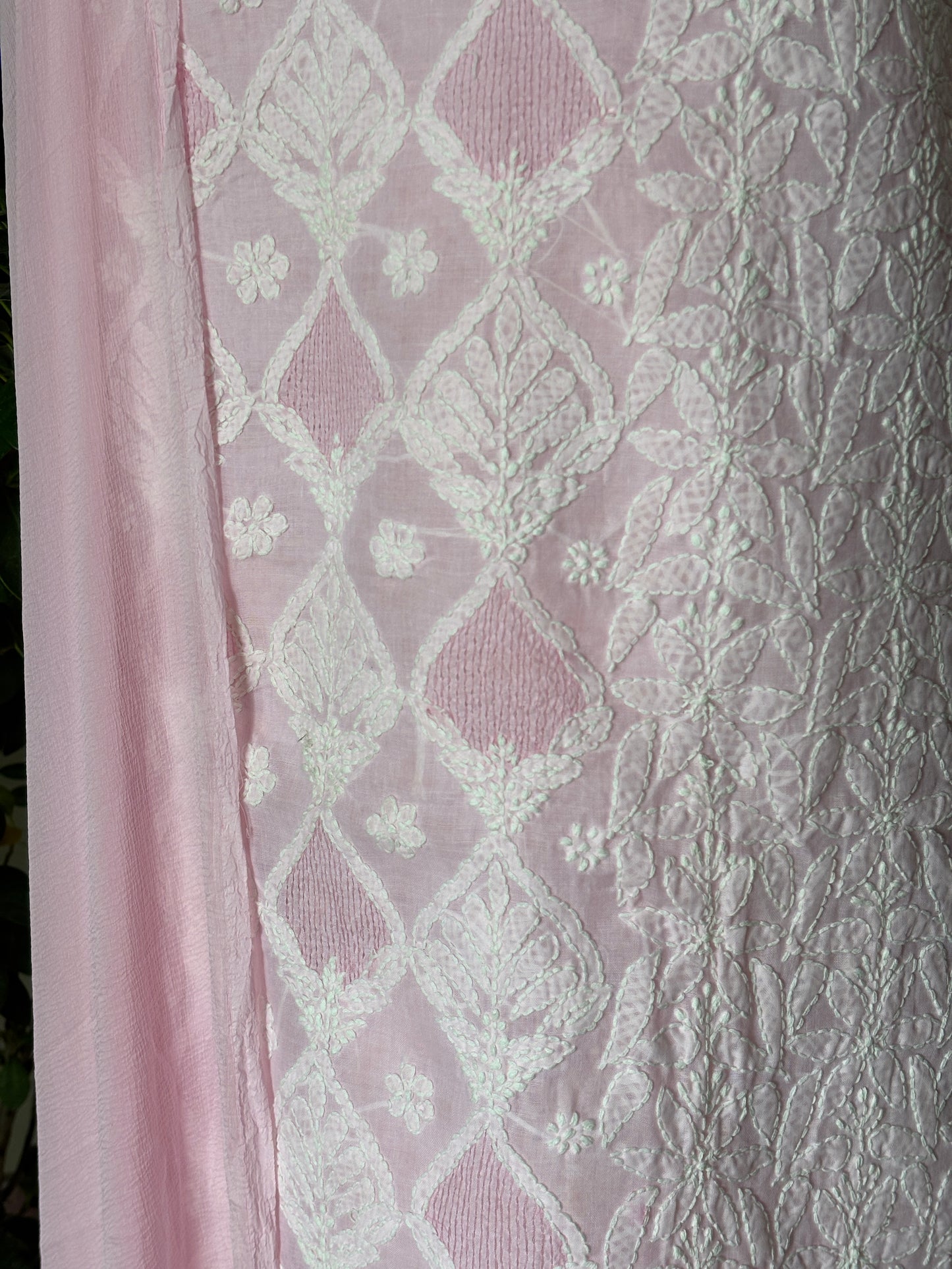 Baby Pink Colour Chikankari Hand Embroidered Cotton Shirt, Bottom and Chiffon Dupatta