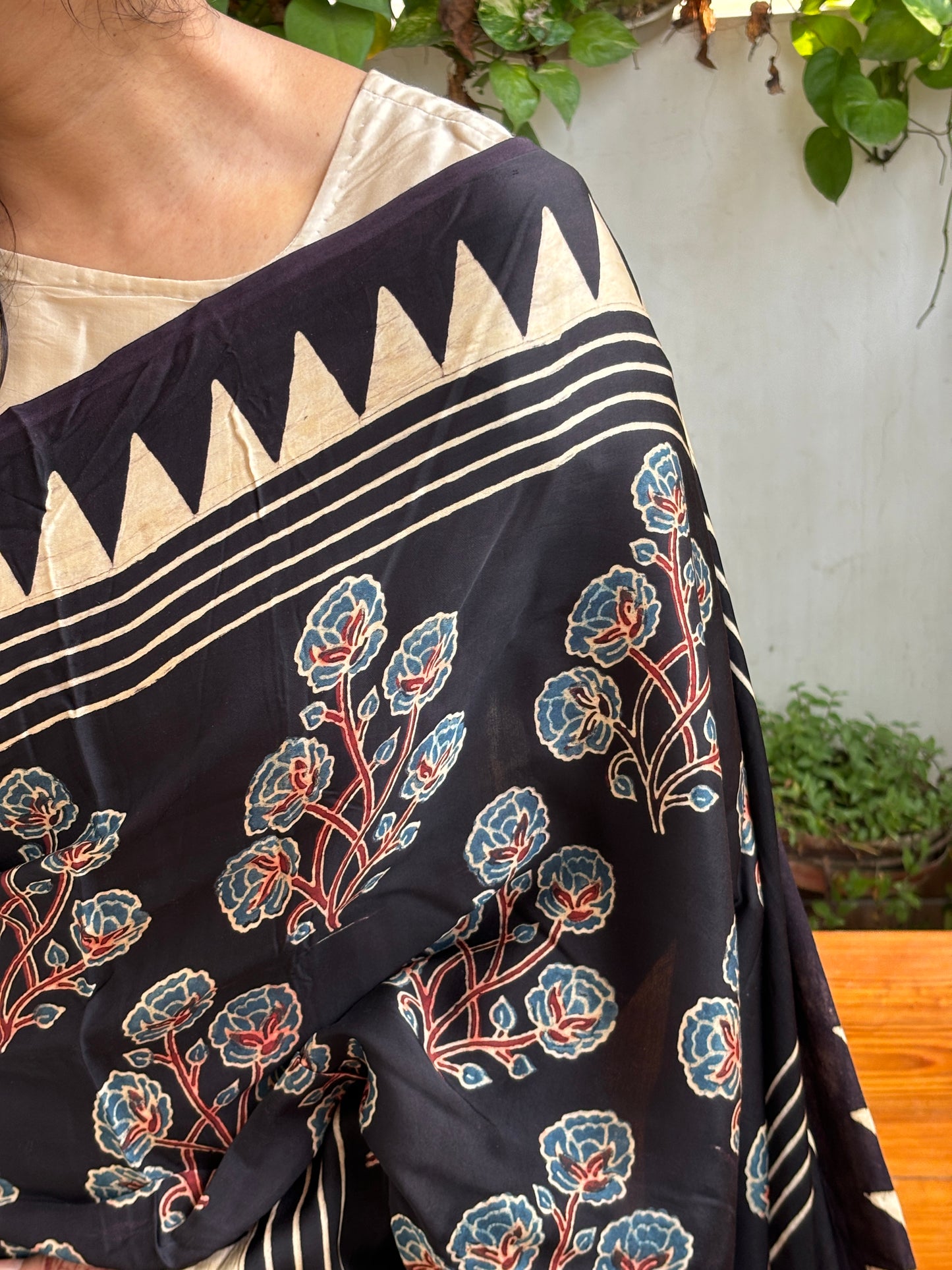 Blossom- Natural Dyed Black Floral Stalk Saree with Contemporary Anchal