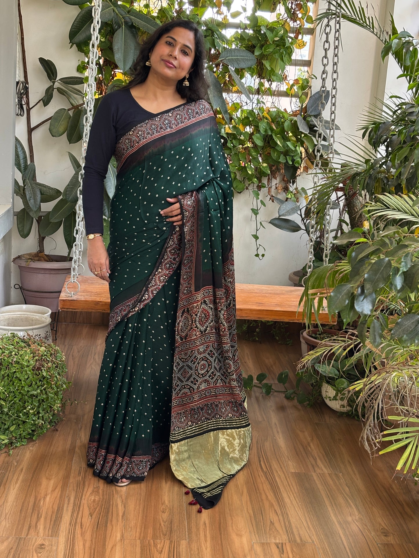 Hara Bhara - Hand Bandhej Body and Ajrakh Hand Block Anchal and Border Modal Gaji Silk Saree