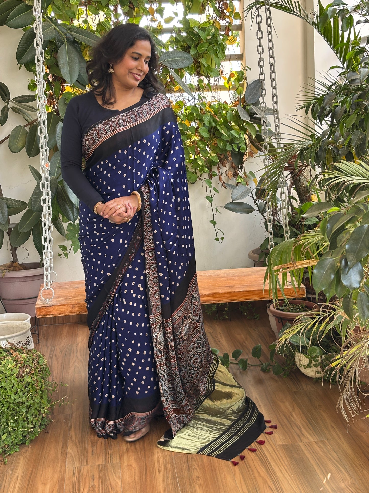 Neela Asman - Hand Bandhej Body and Ajrakh Hand Block Anchal and Border Modal Gaji Silk Saree