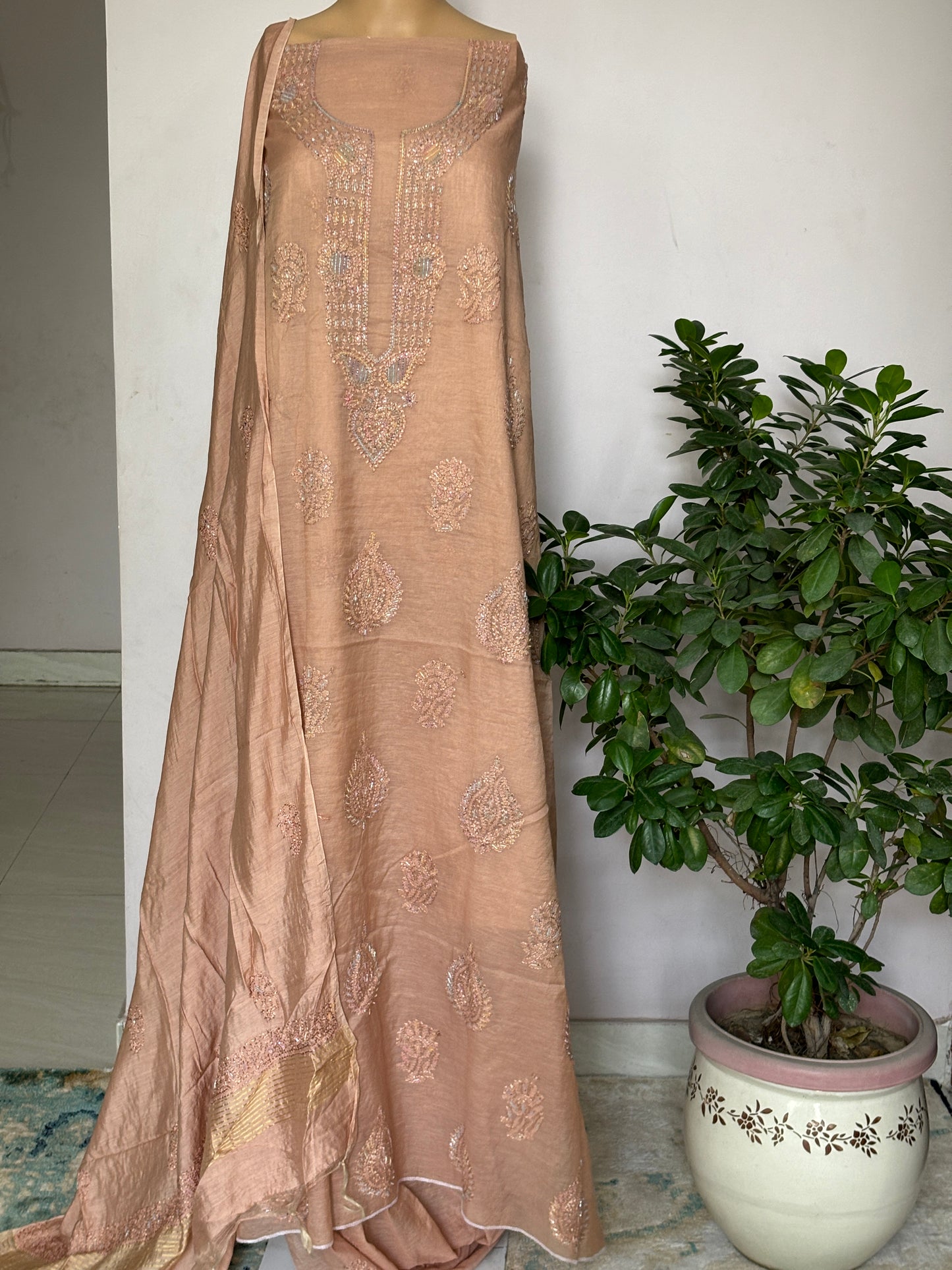 Chikankari Hand Embroidered Shirt with Cutdana Work on Premium Mul Chanderi Fabric