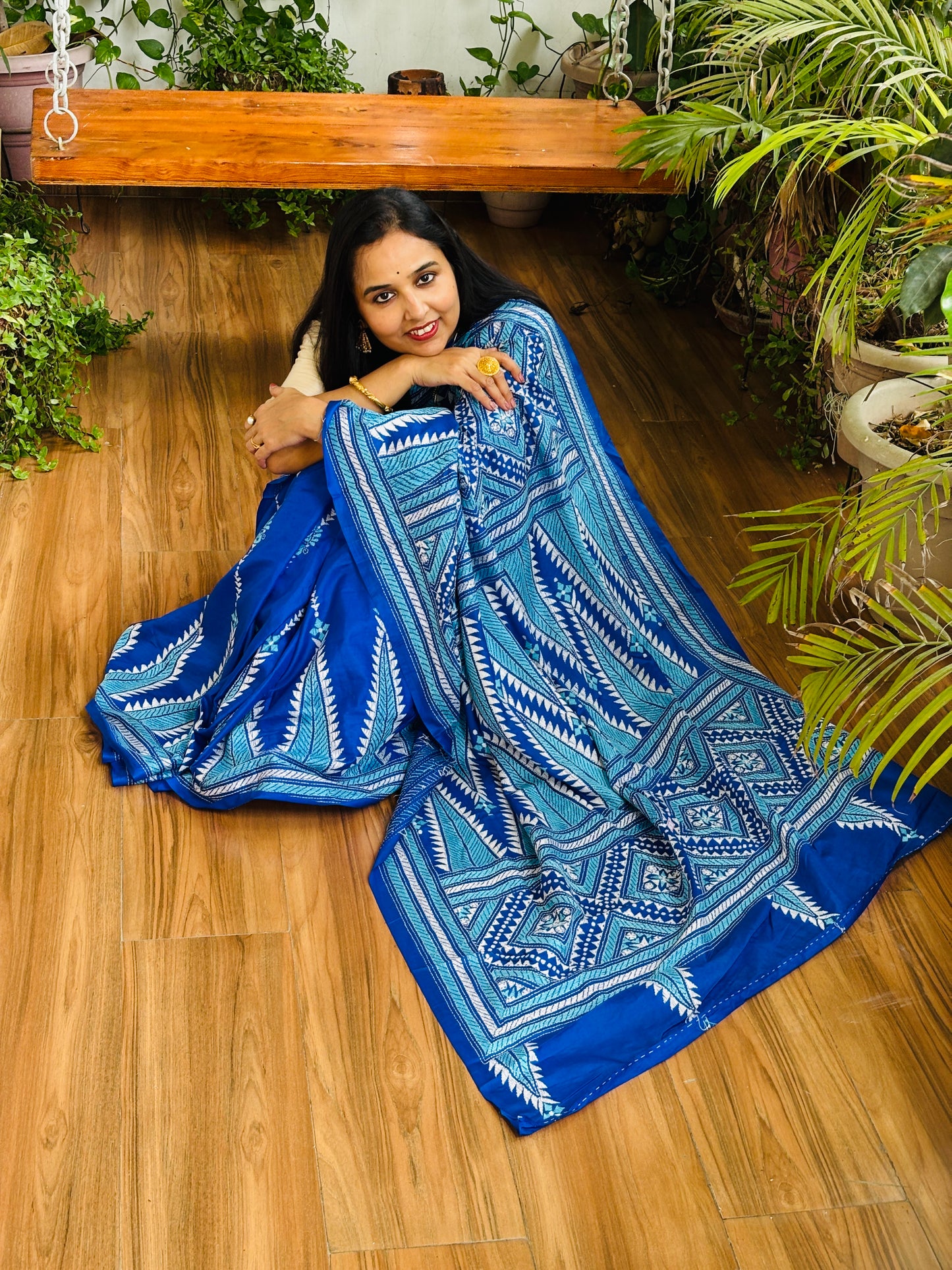 Kantha Hand Embroidered Pure Bangalore Silk Saree in Contemporary Style