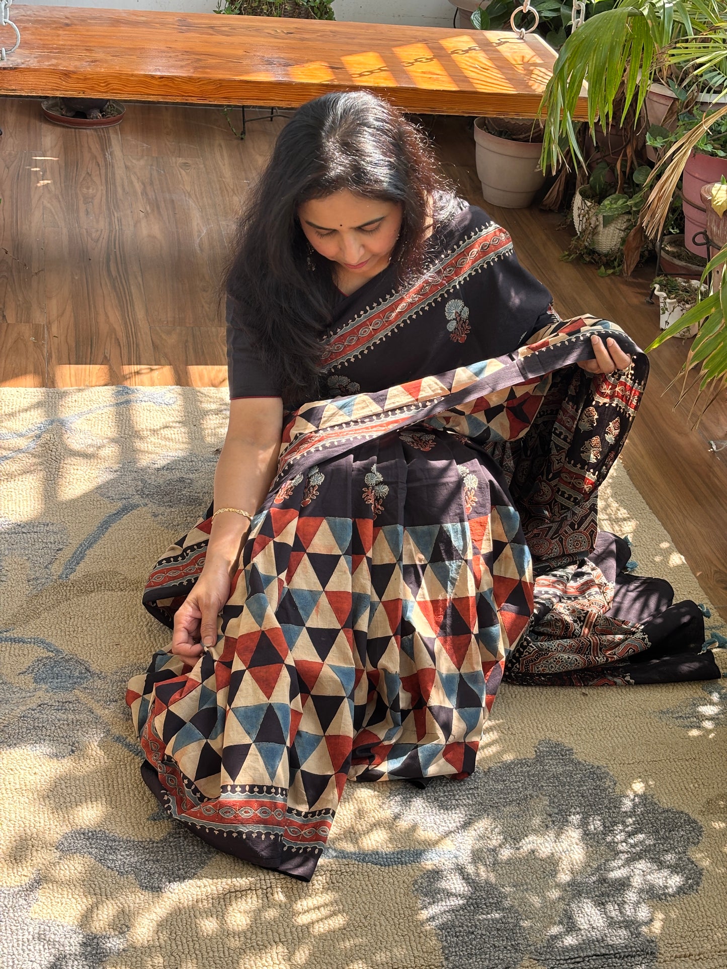 Organic Cotton Ajrakh Hand Block Printed Contemporary Saree