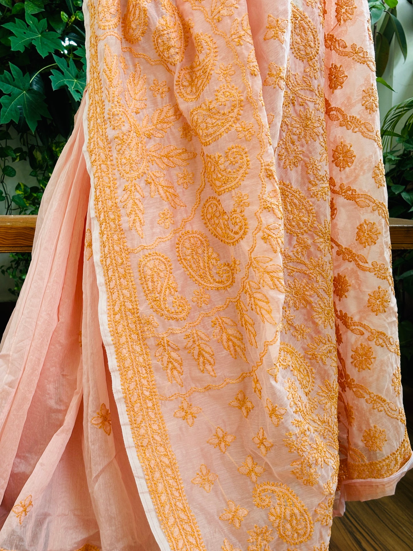 Peach Pink Colour Light Chrushed Candri Cotton Chikankari Hand Embroidered Saree