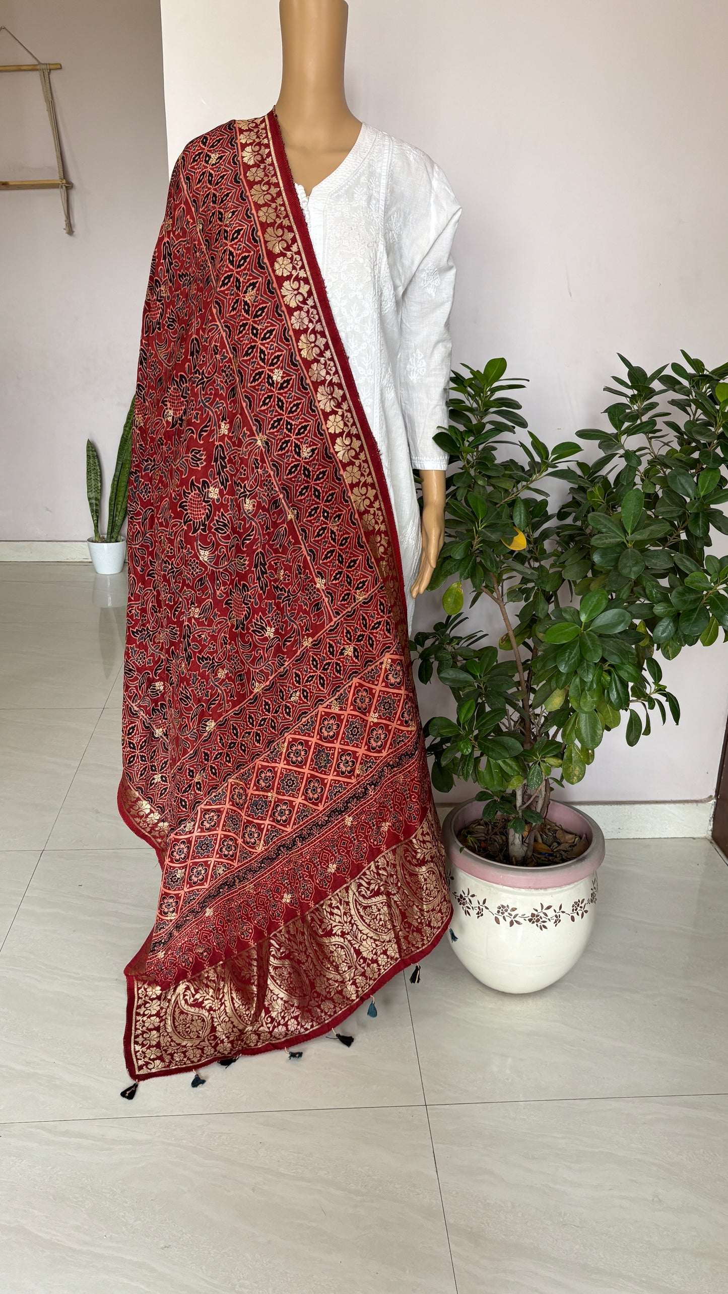 Natural Dyed Madder Colour - Hand Block Ajrakh Dola Silk Dupatta With Zari Weaved Border-7