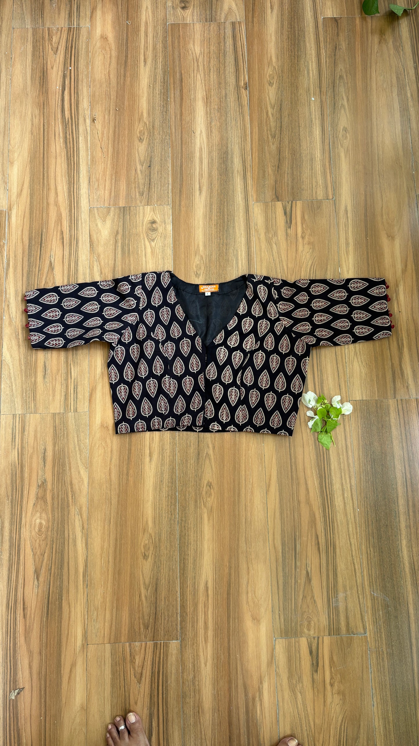 Black Leaf Motif Cotton 'V' Neck Blouse. With Cotton Lining. For size chart refer to last picture