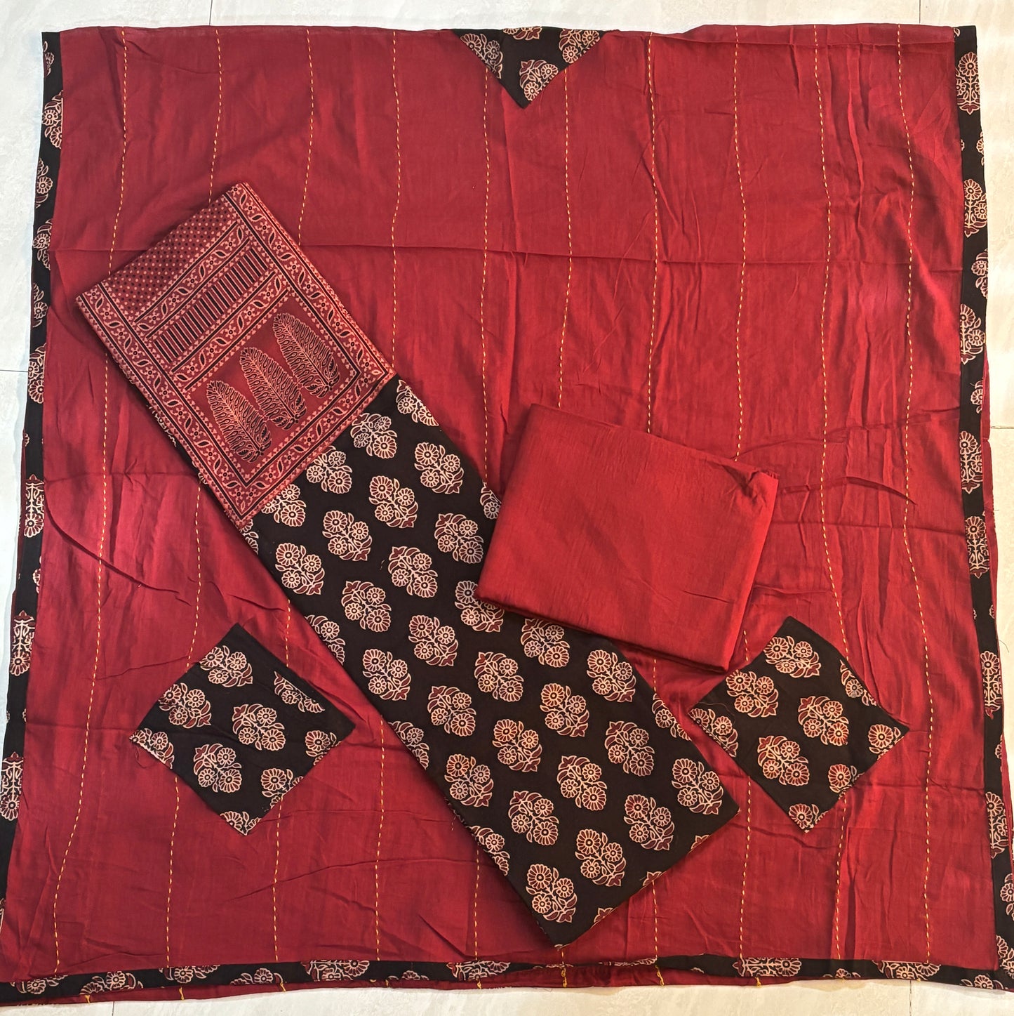 Black and Red Marogold Motif Cotton Unstitched Patch Work Yoke Fabric with Kantha and Applique Dupatta-5
