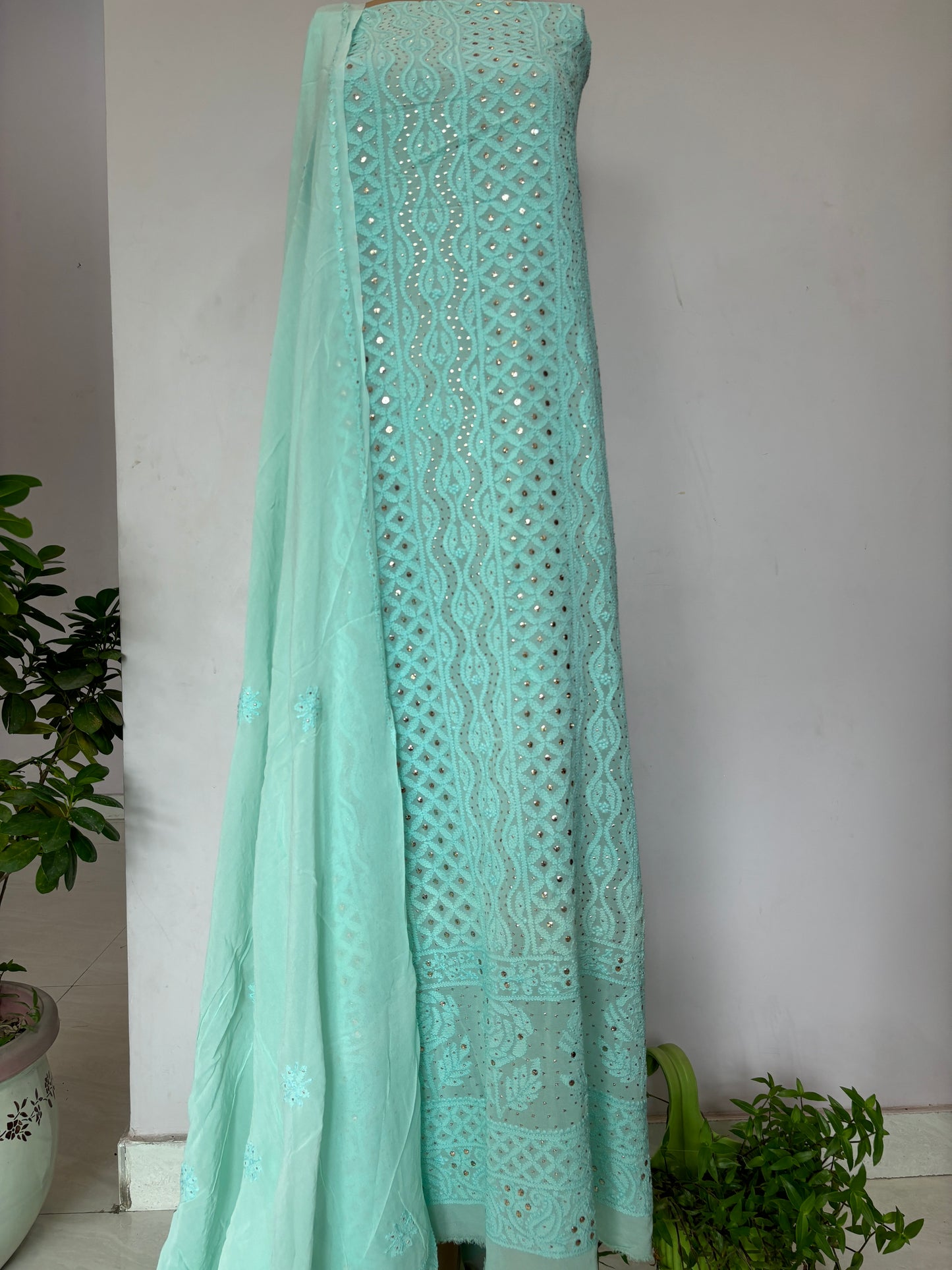 Sea Green Intricate Chikankari Hand Embroidered Shirt and Dupatta Fabric Adorned With Mukaish