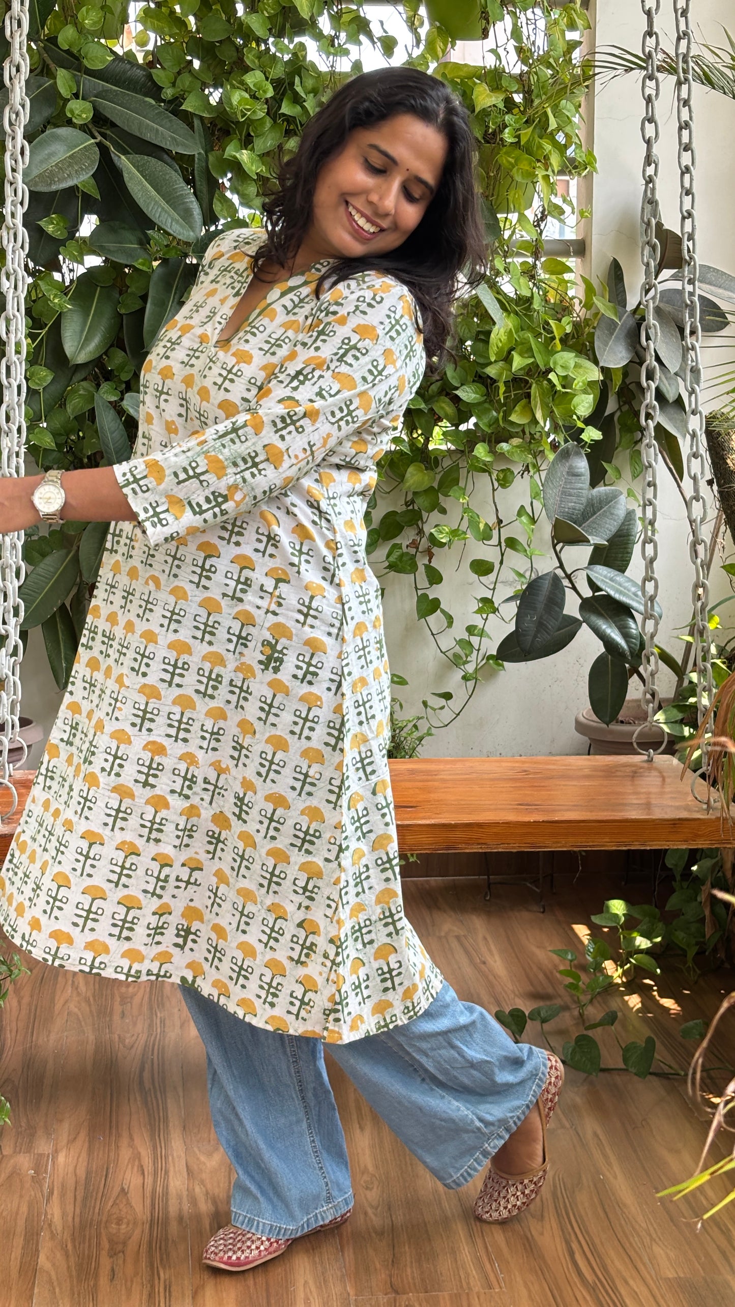 Asma Off White and Yellow Batik Cotton A Line Long Kurta