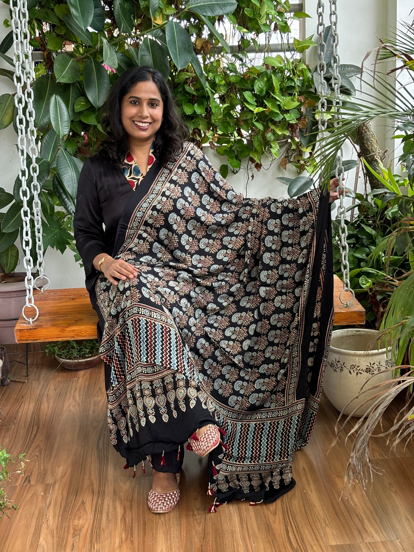 Ajrakh Modal Black Dupatta- Natural Dyed Hand-block Printed Marigold Motif Dupatta