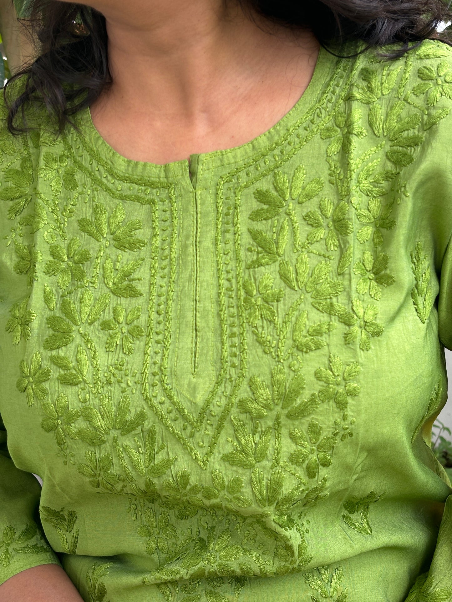 Green Chanderi Chikan Hand Embroidered Kurti