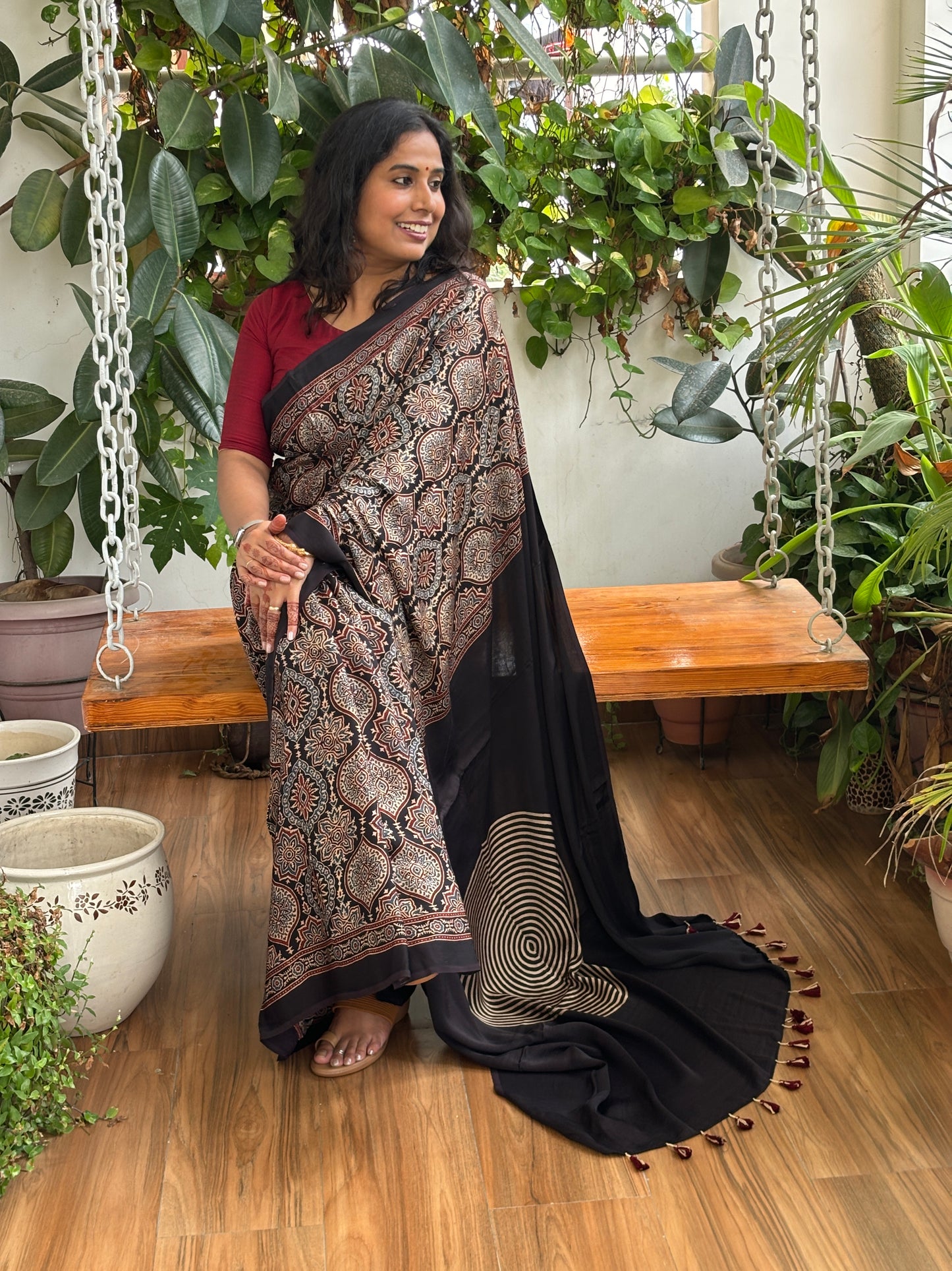 Mausam Ka Jaadu - Natural Dyed Black Colour Ajrakh Traditional Motif Saree with Contemporary Anchal