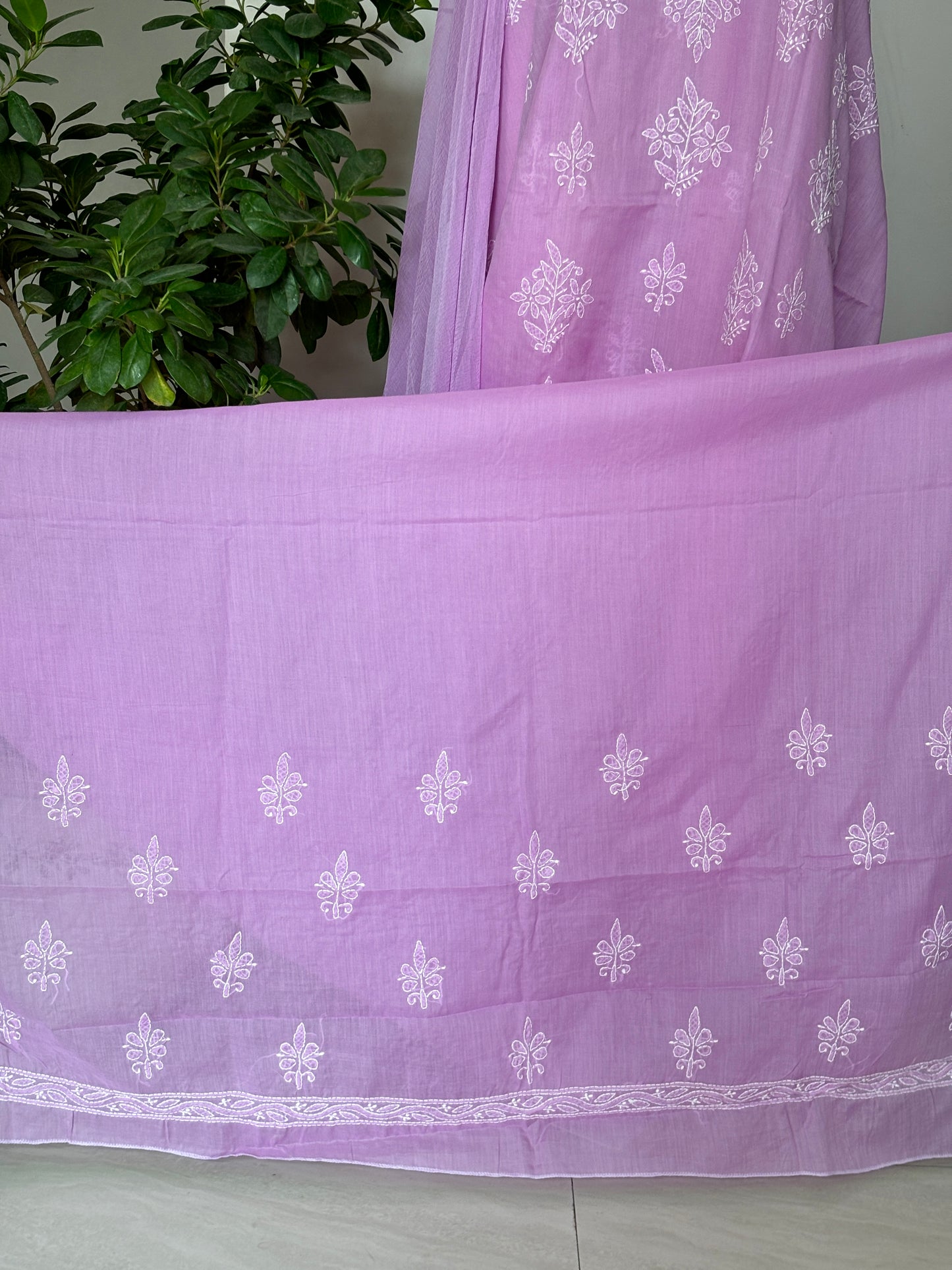 Purple Coulor Chikankari Hand Embroidered Shirt and Bottom with Chiffon Dupatta