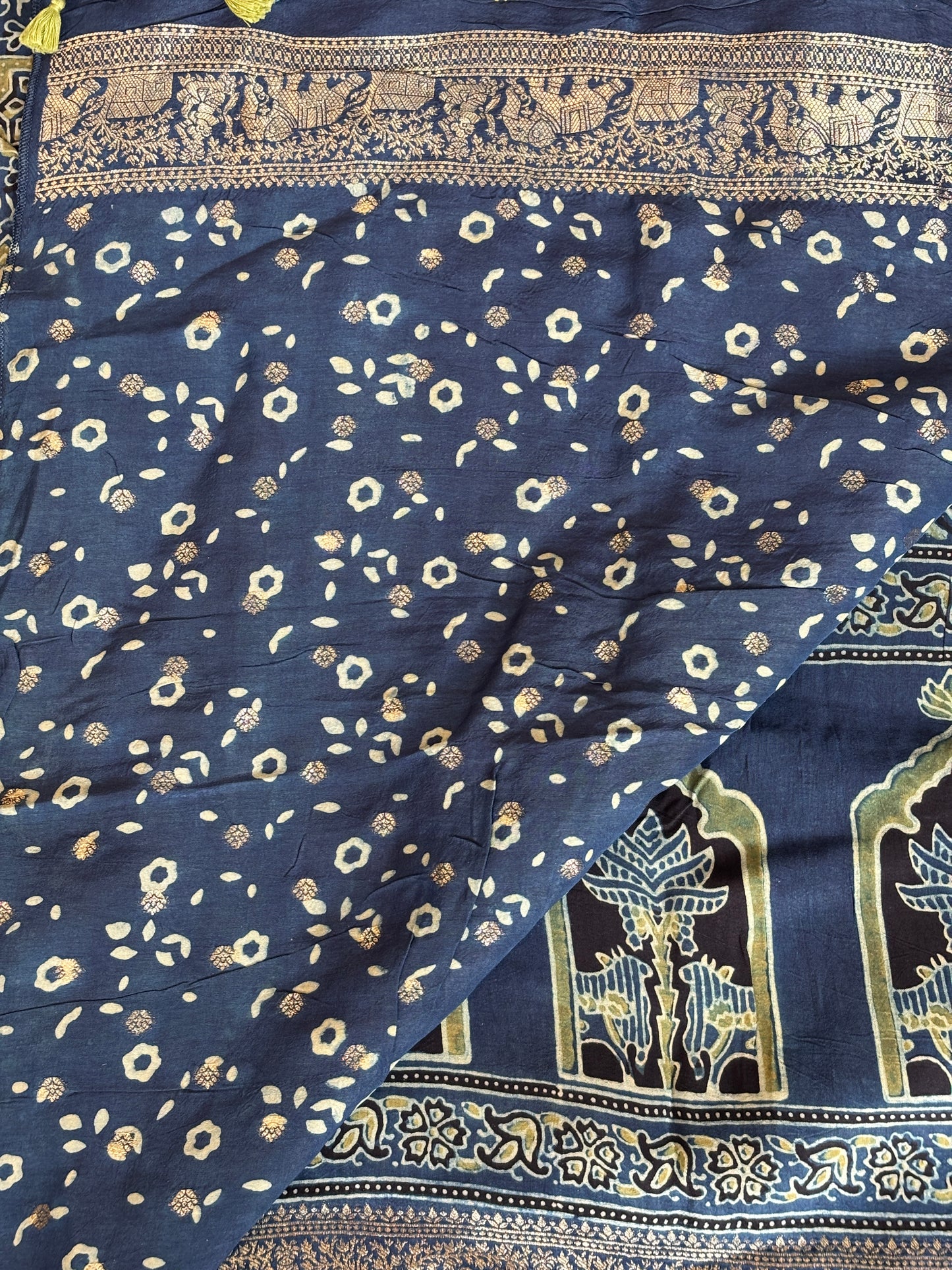 Indigo Green Ajrakh Saree In Dola Silk