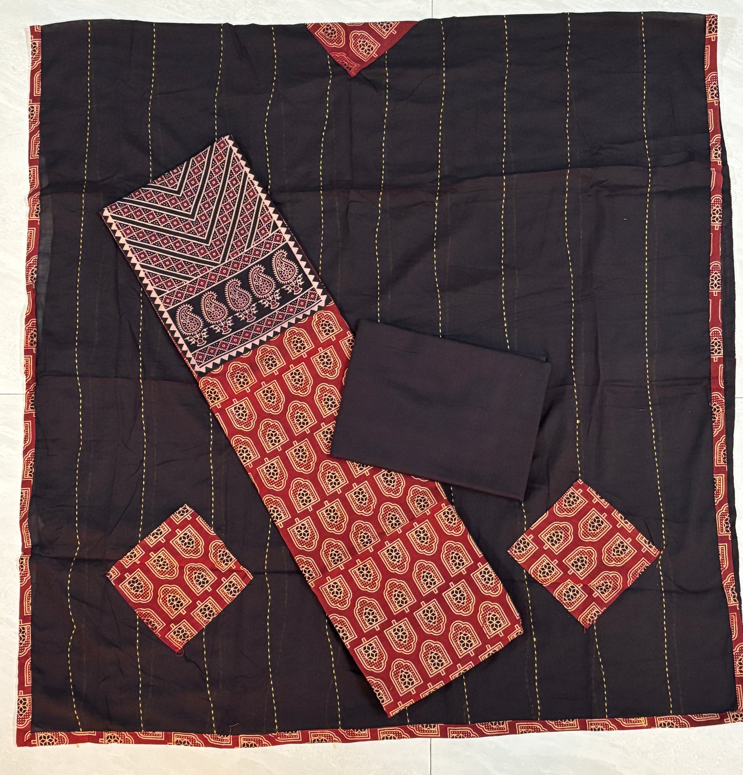 Red and Black Cotton Unstitched Patch Work Yoke Fabric with Kantha and Applique Dupatta-8