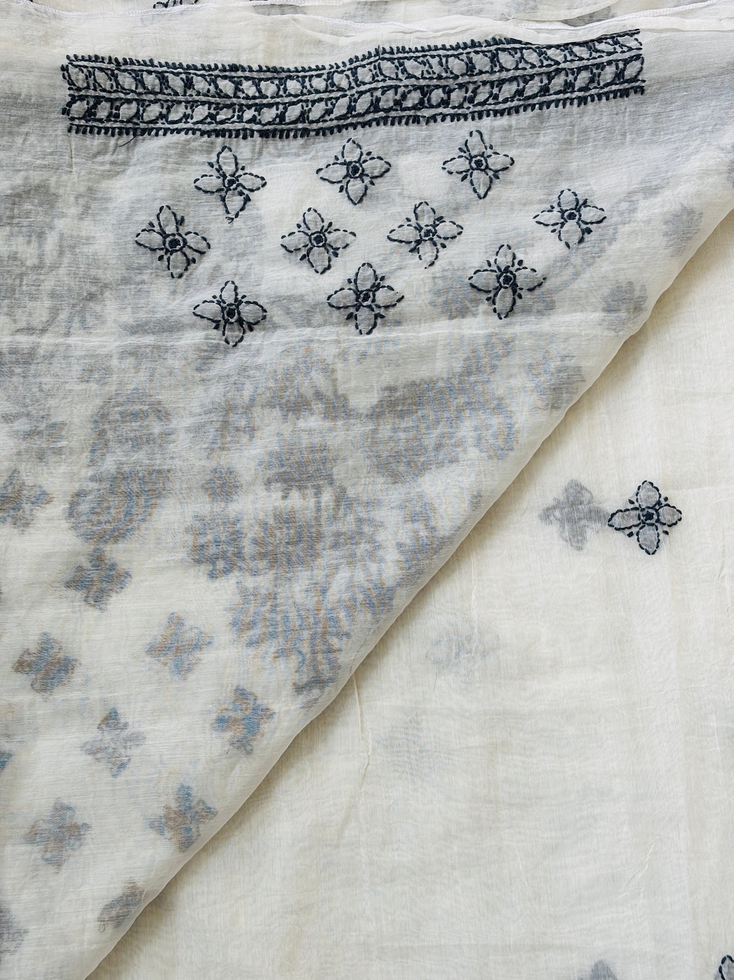 White Colour Chrushed Candri Cotton Chikankari Hand Embroidered Saree