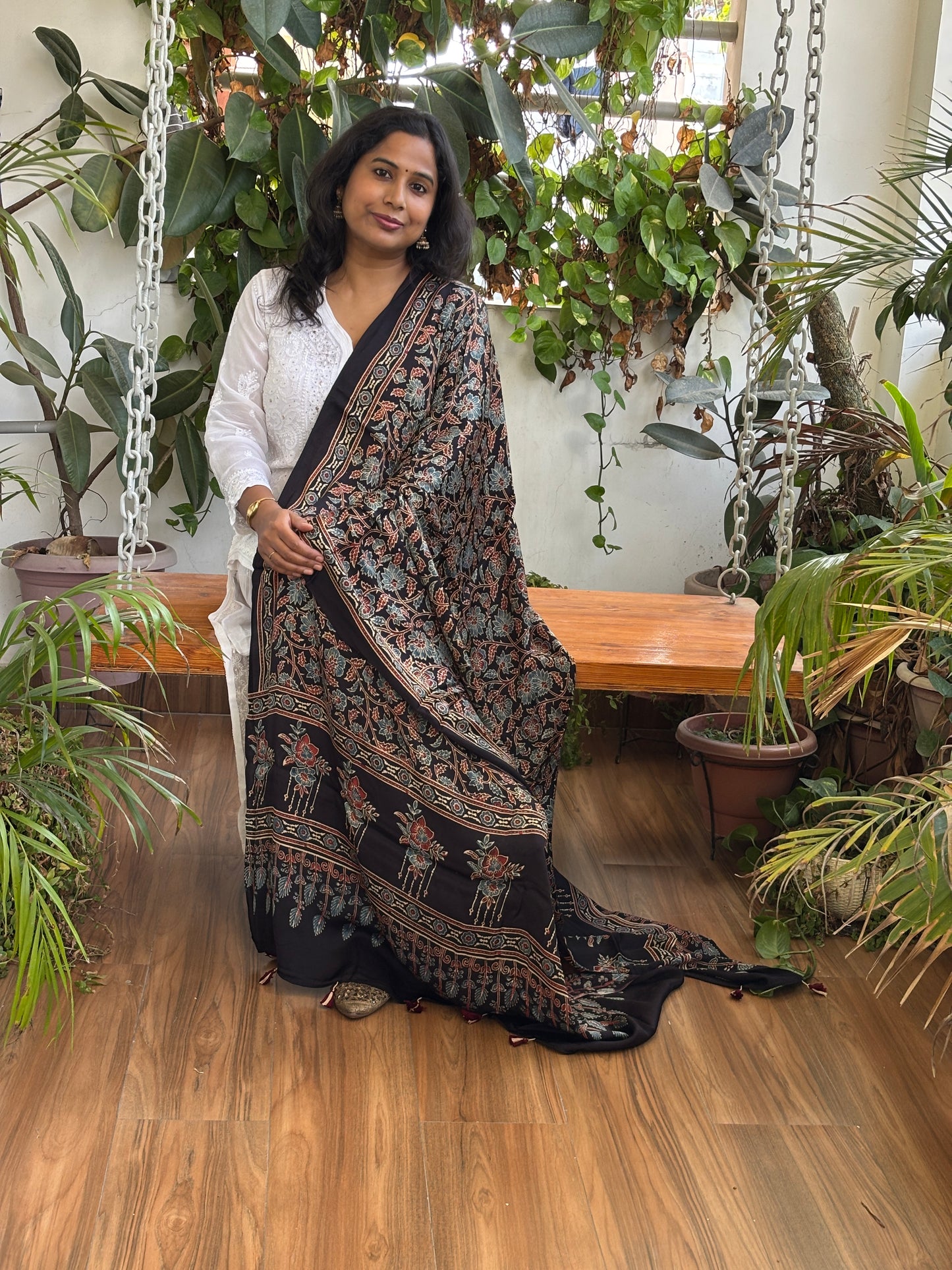 Ajrakh Hand Block Printed Black Colour Floral Jaal Motif Modal Dupatta