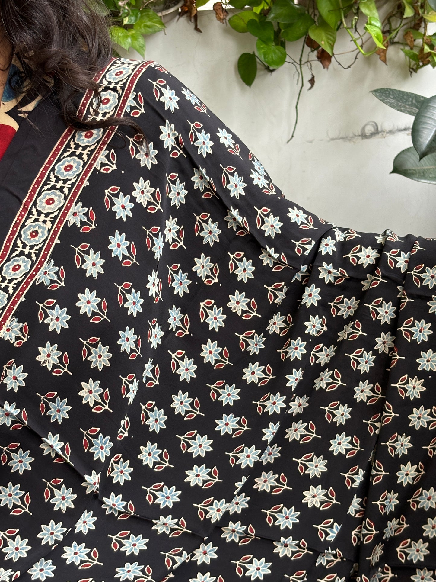 Ajrakh Black Natural Dyed Modal Dupatta with Small Indigo Floral Motif