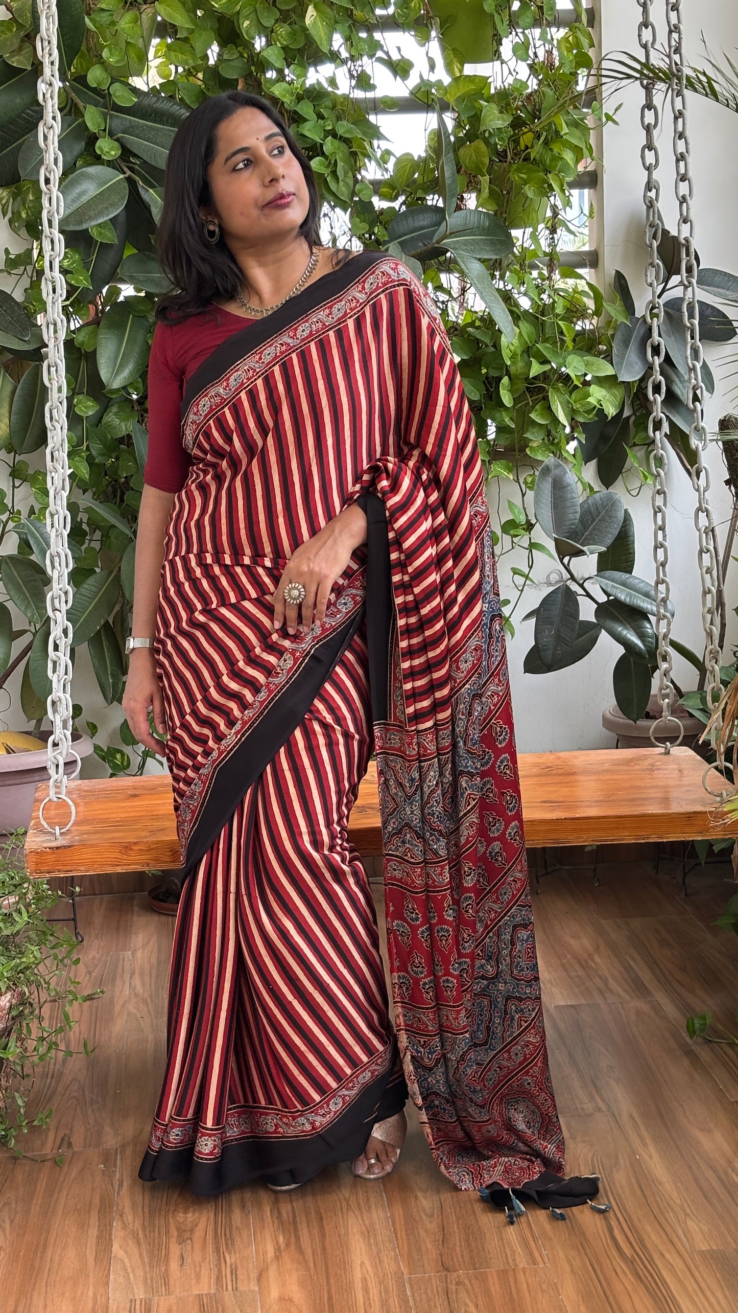 Bright and Beautiful- Natural Dyed Madder Contemporary Ajrakh Modal Saree with Traditional Anchal