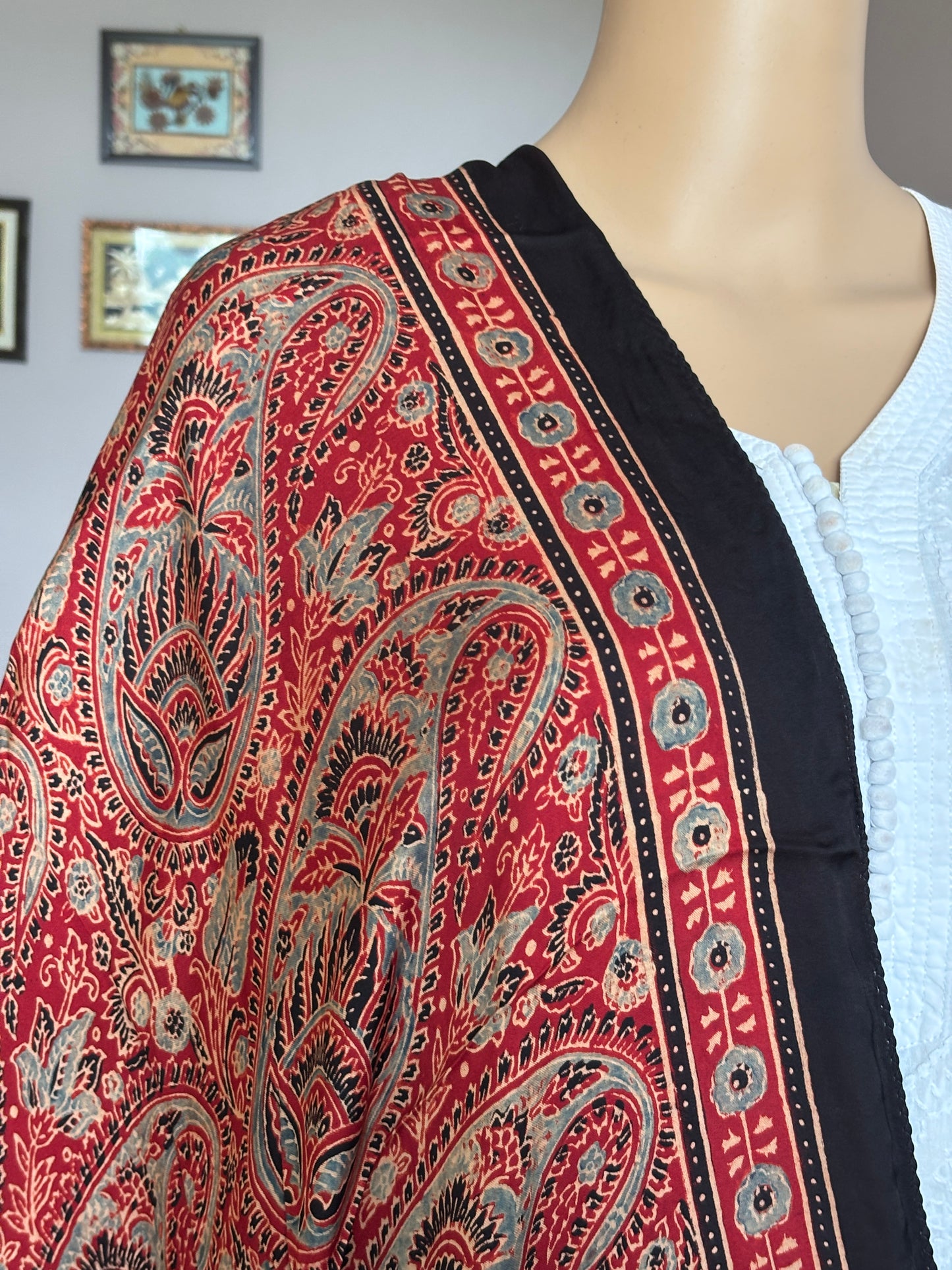 Ajrakh modal stole, red stole, closer view.