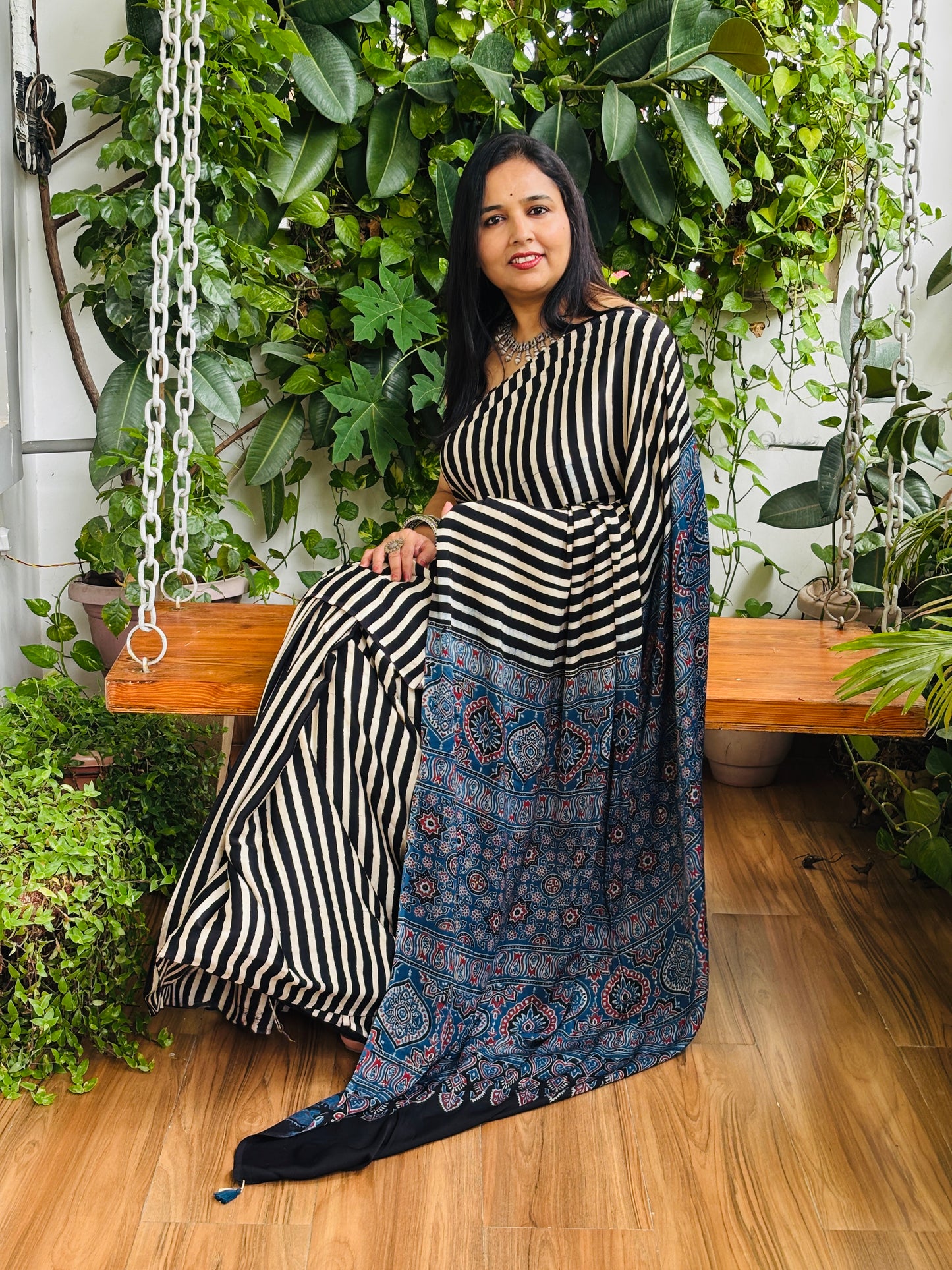 Chakori - Natural Dyed Black and Pale Ivory Stripe Ajrakh Pure Modal Saree With Traditional Motif Palla