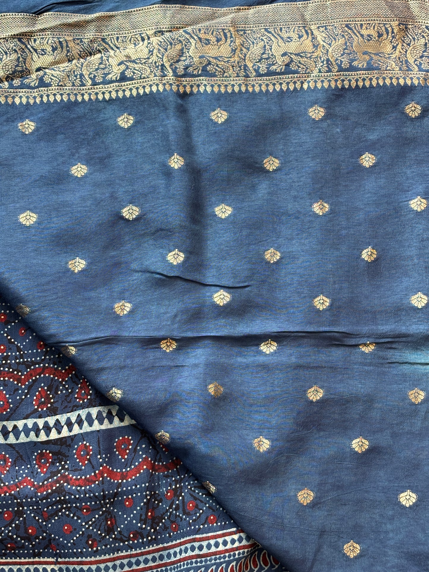 Indigo madder Ajrakh Saree In Dola Silk