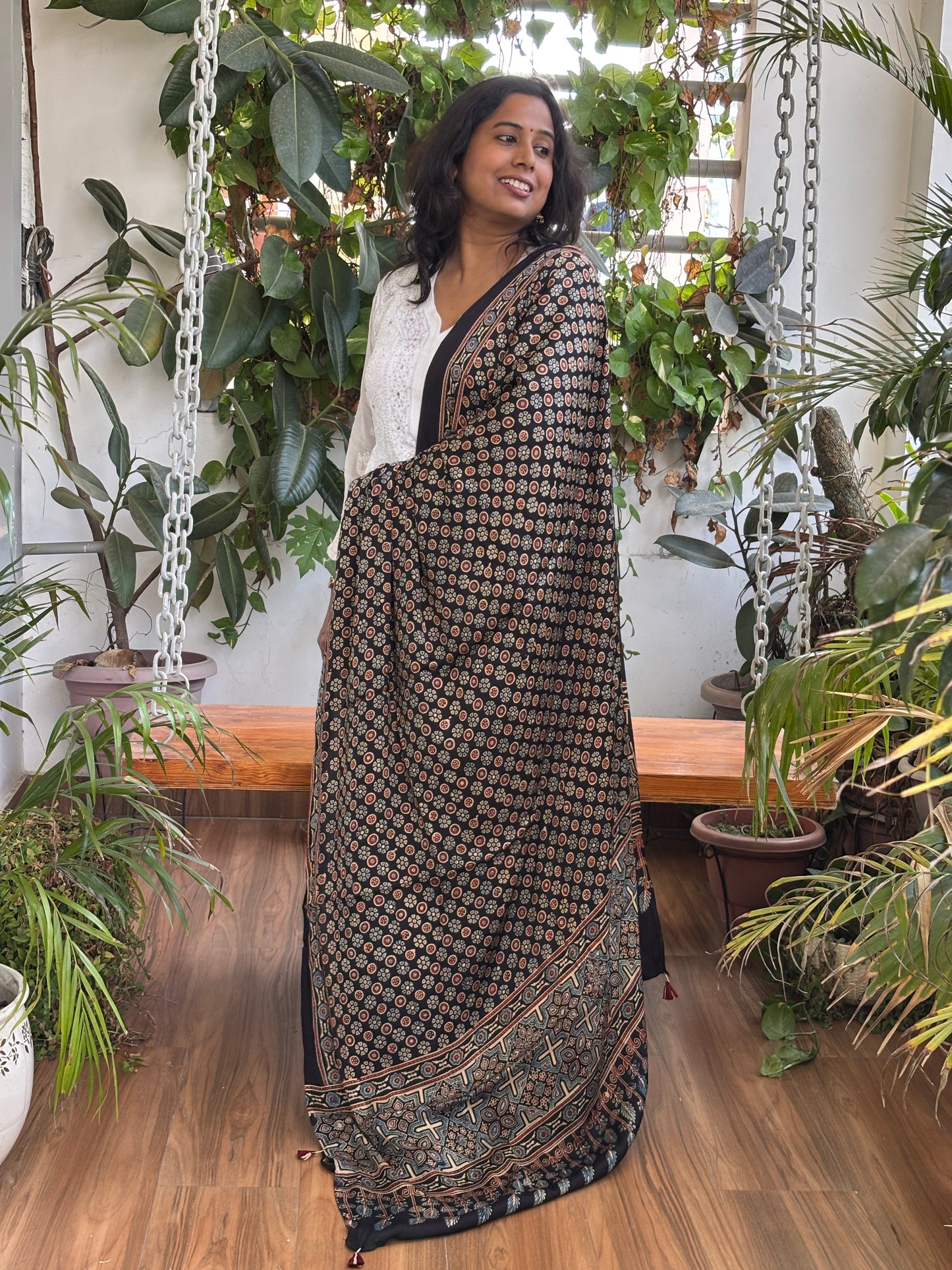 Ajrakh Black Natural Dyed Modal Dupatta Small Circular Floral Motif