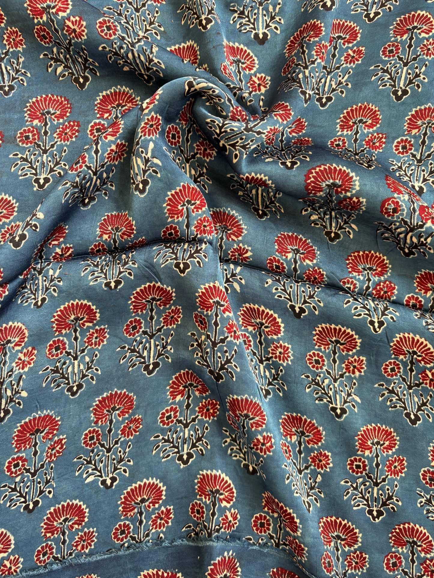 Natural Dyed Ajrakh Hand Block Printed modal fabric closer view