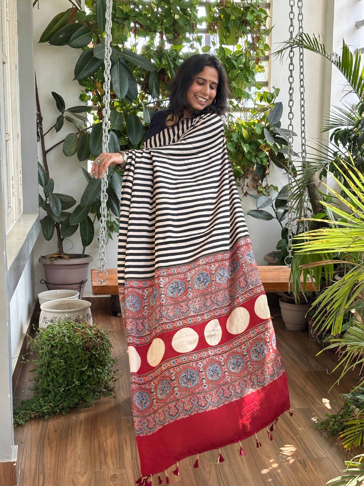 Raah Me Unse - Natural Dyed Madder and Pale Ivory Colour Contemporary Stripe Modal Saree