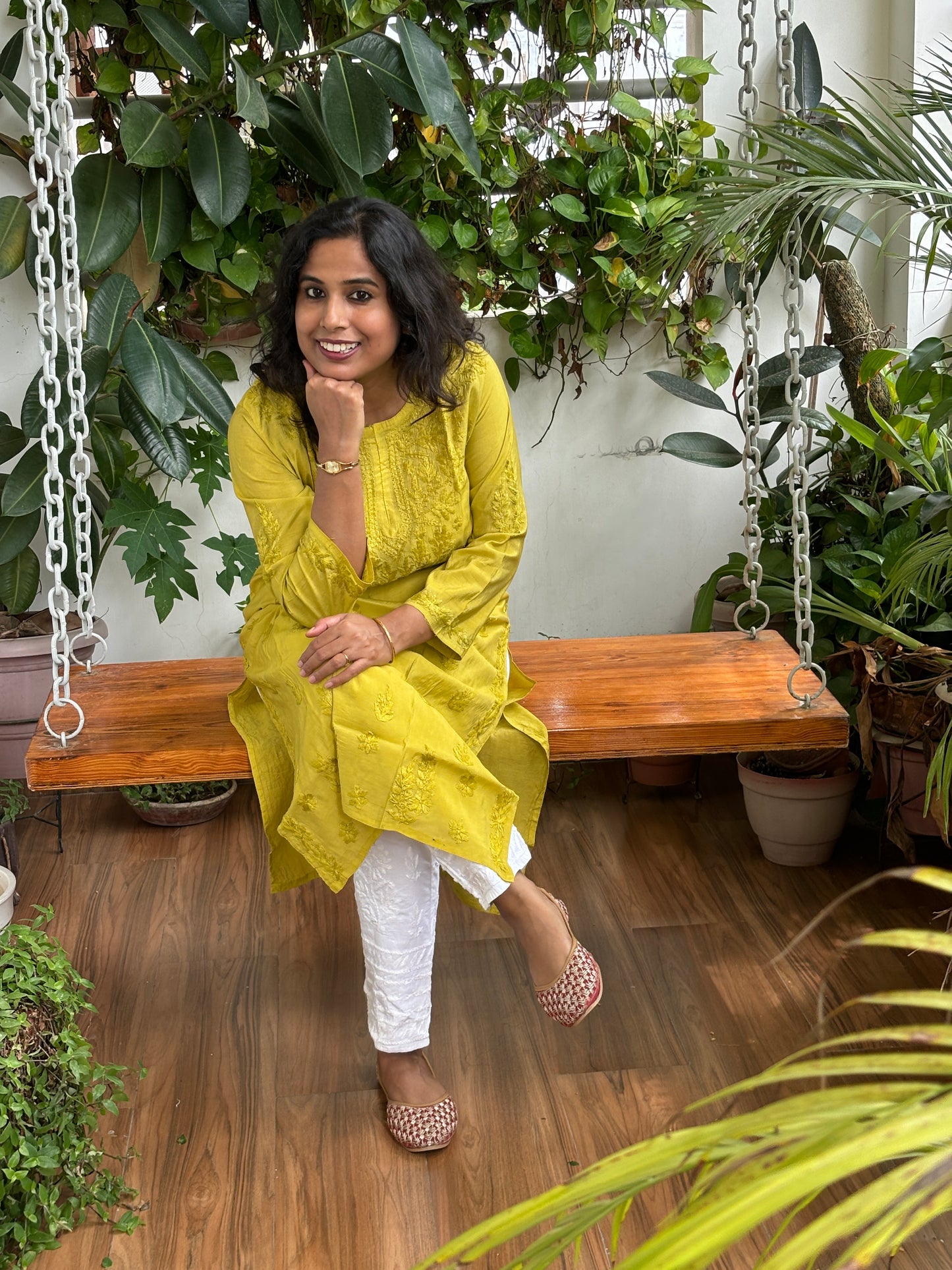 Greenish Yellow Chanderi Chikan Hand Embroidered Kurti