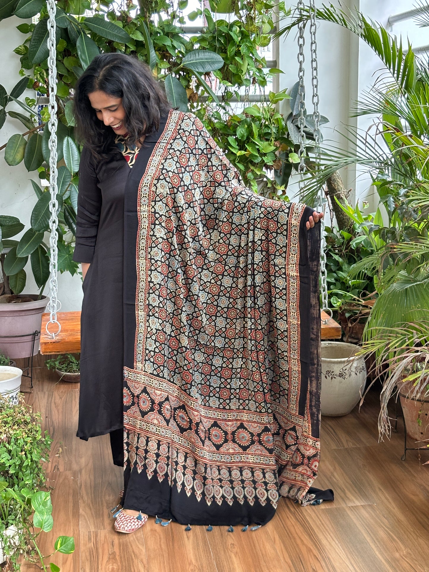 Ajrakh Black Natural Dyed Modal Dupatta With Star Motif