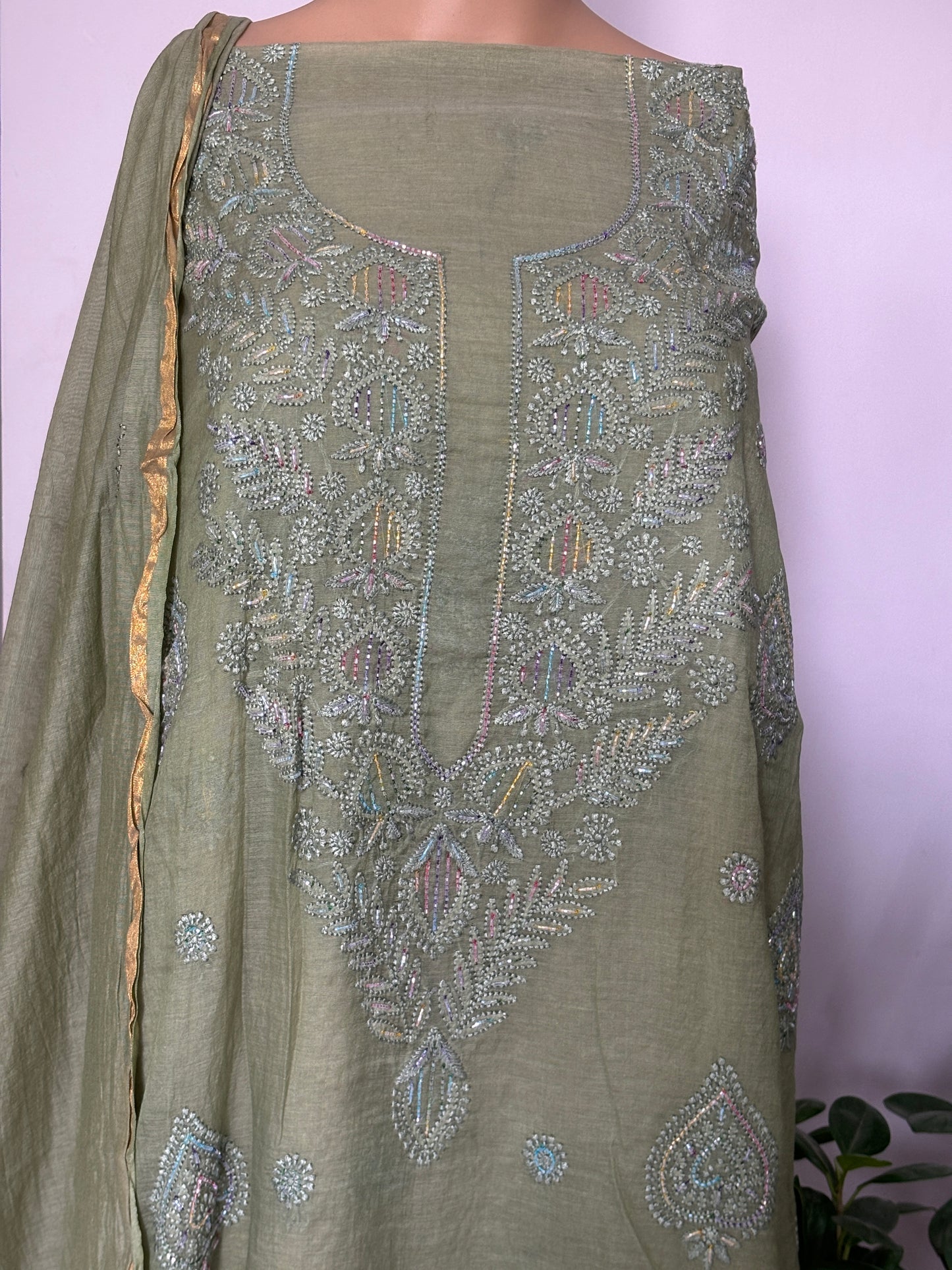 Chikankari Hand Embroidered Shirt with Cutdana Work on Premium Mul Chanderi Fabric