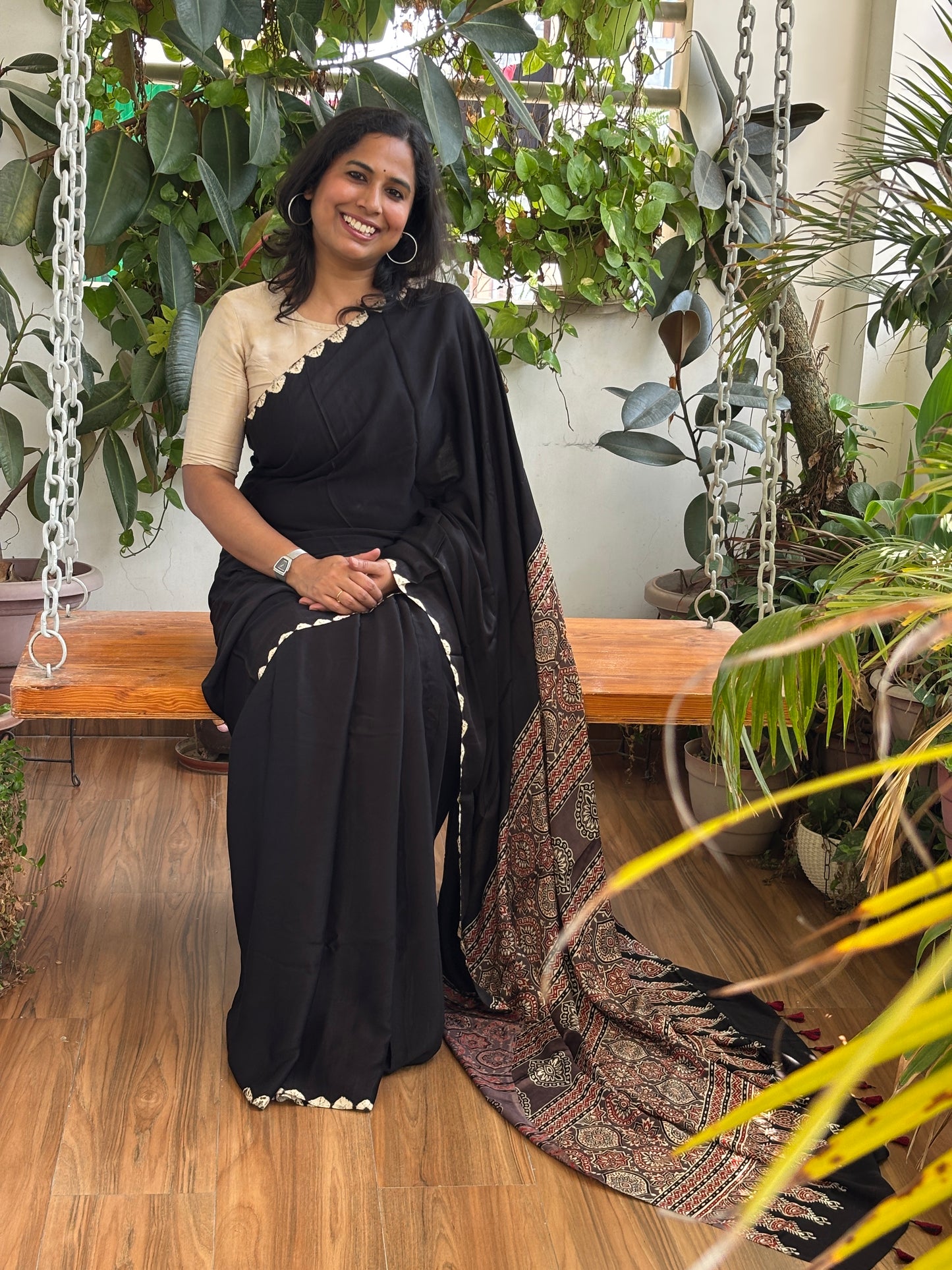 Kajal - Black Colur Body Bandhej Border and Natural Dyed Ajrakh Anchal