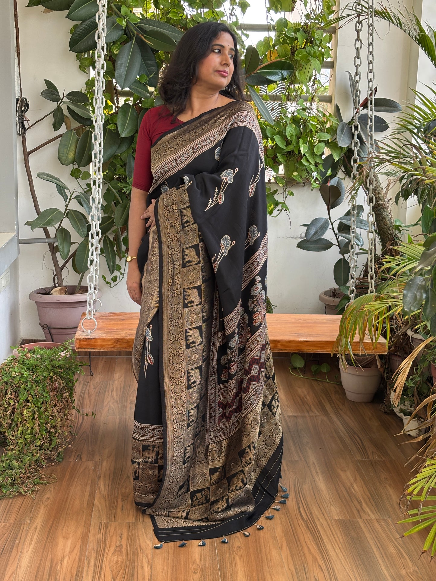 Guldasta - Black Colour Natural Dyed Floral Stalk Motif Ajrakh Hand Block Printed Dola Silk Saree