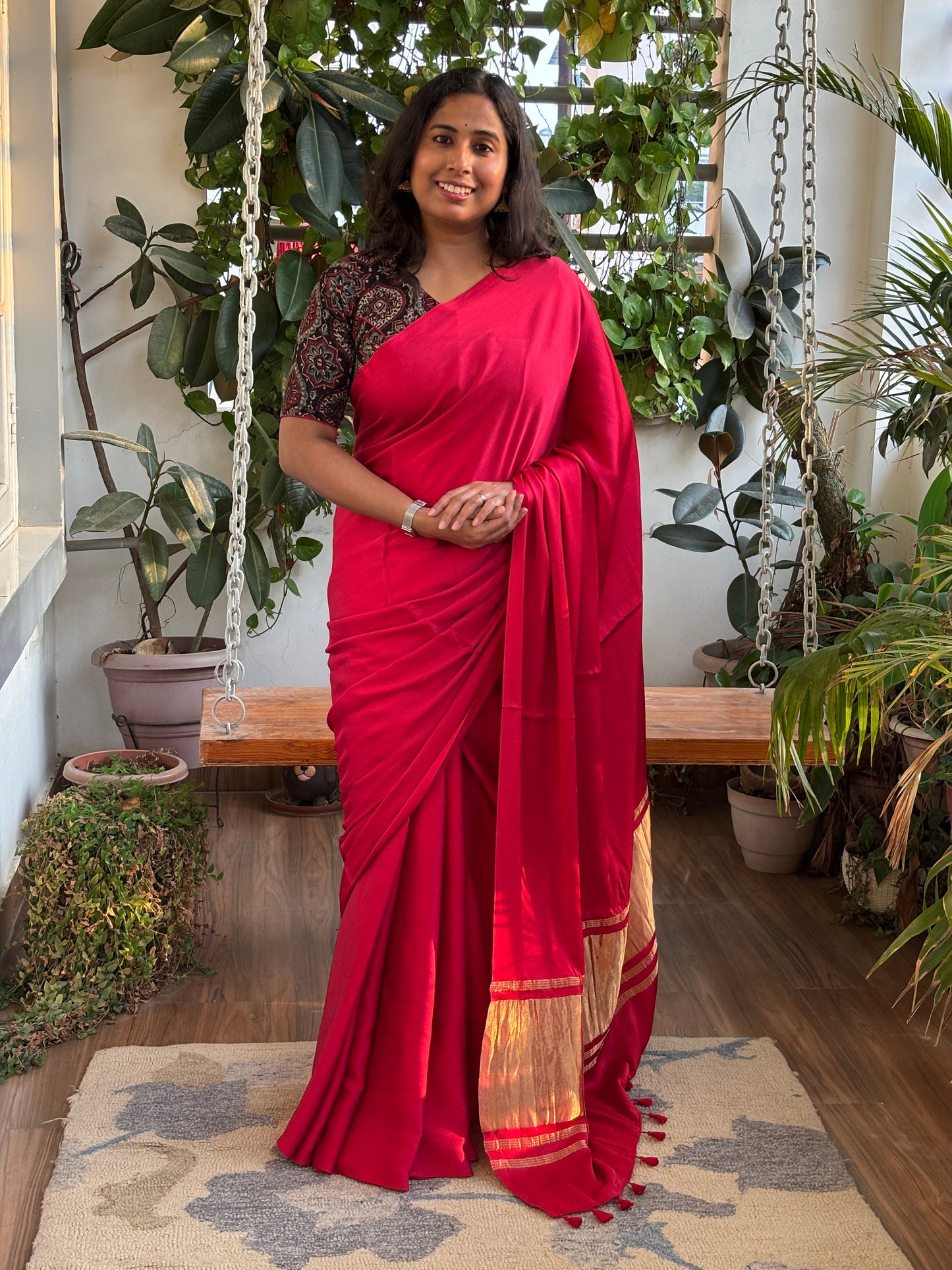 Red Rani Colour Modal Plain Saree With Lagdi Palla