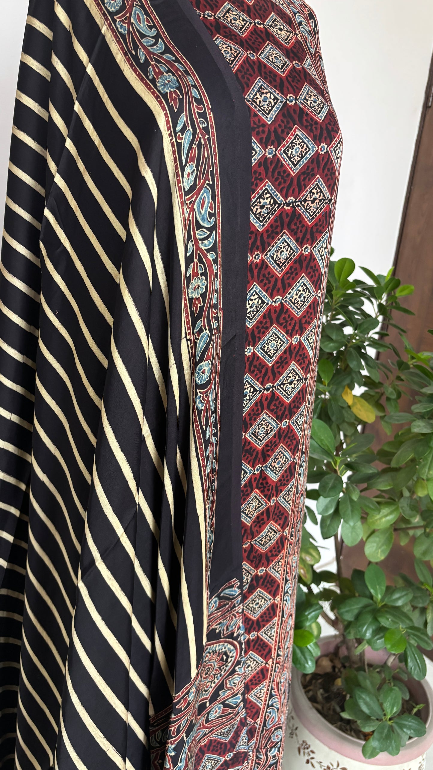 Natural Dyed Ajrakh Black Colour Badambuta with Front Panel Motif Block Printed Shirt with Vertical Stripe Bottom and Dupatta