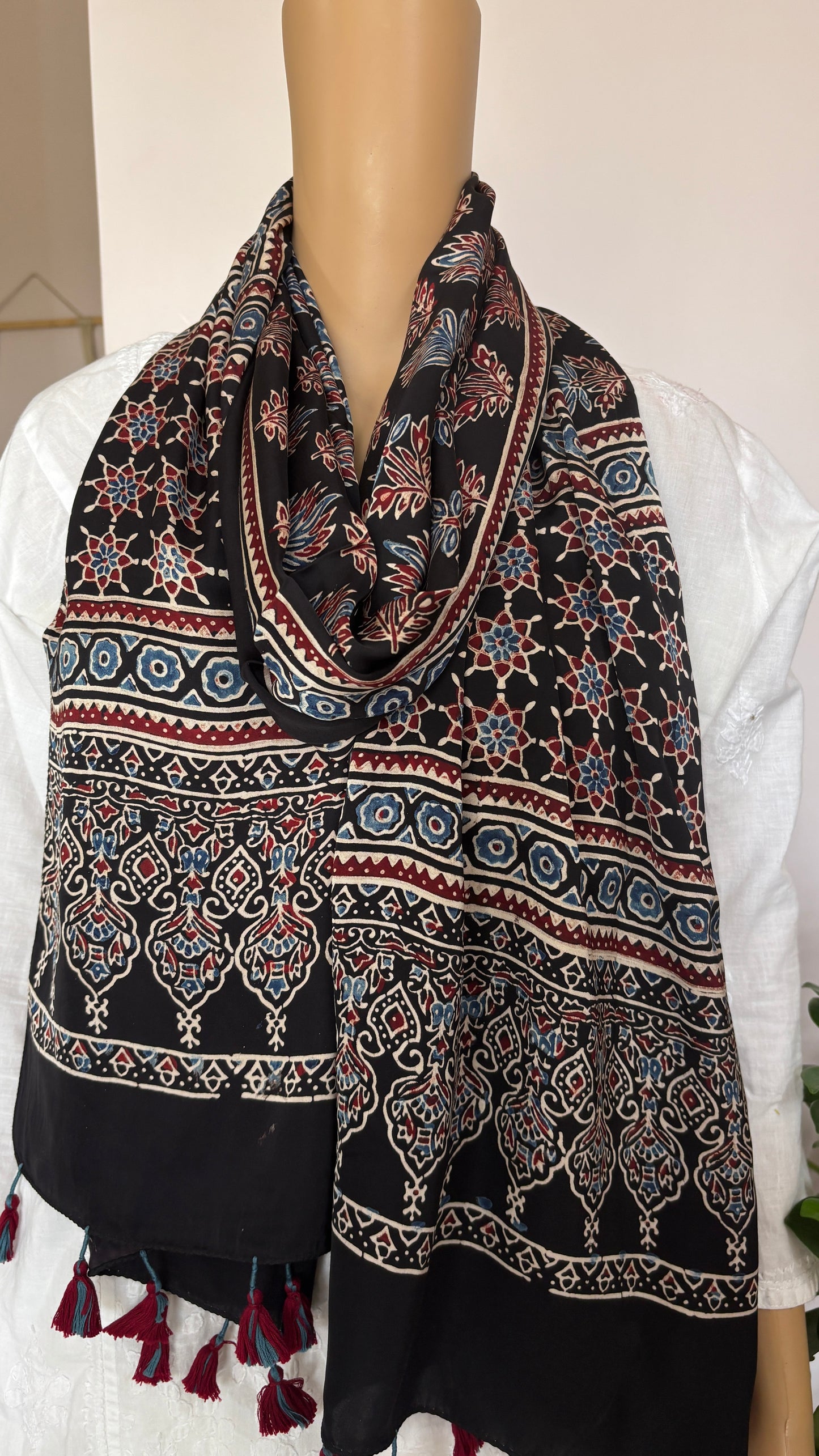 Black Floral Stalk Stole,ajrakh modal stole, closer view.