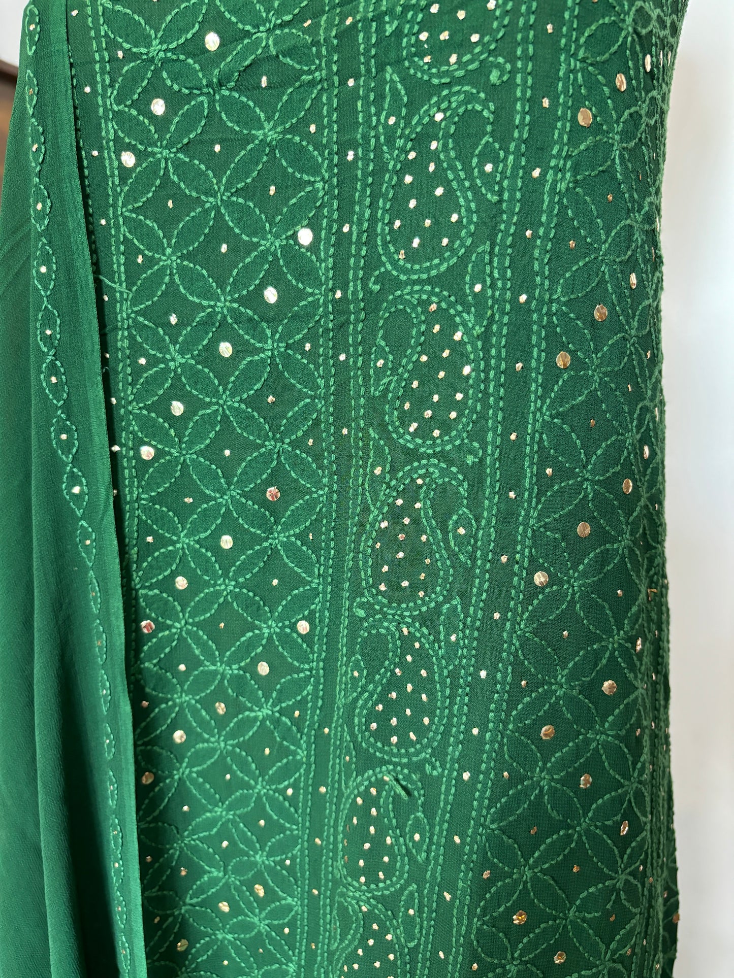 Green Intricate Chikankari Hand Embroidered Shirt and Dupatta Fabric Adorned With Mukaish