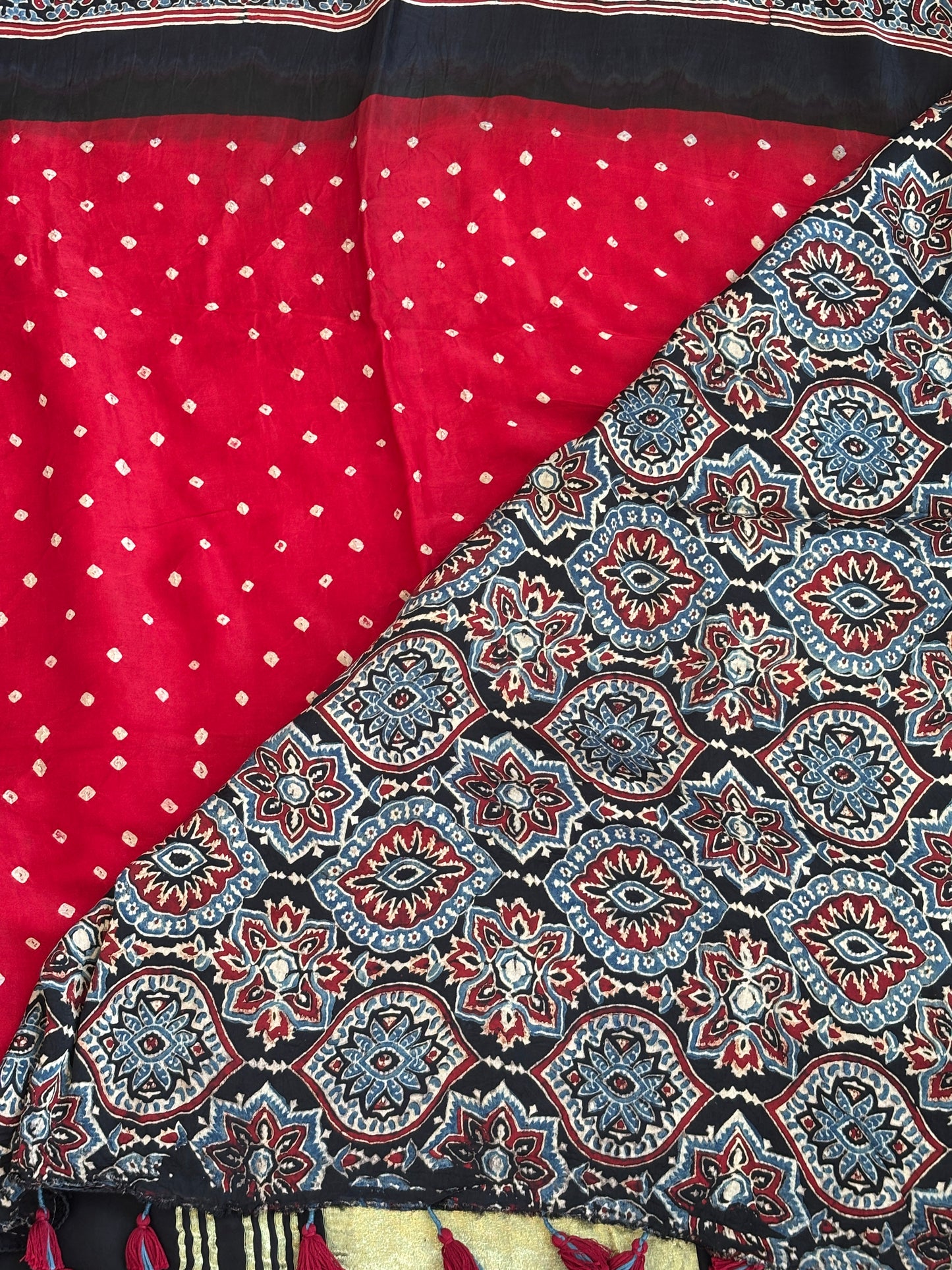 Laal Chadi - Hand Bandhej Body and Ajrakh Hand Block Anchal and Border Modal Gaji Silk Saree