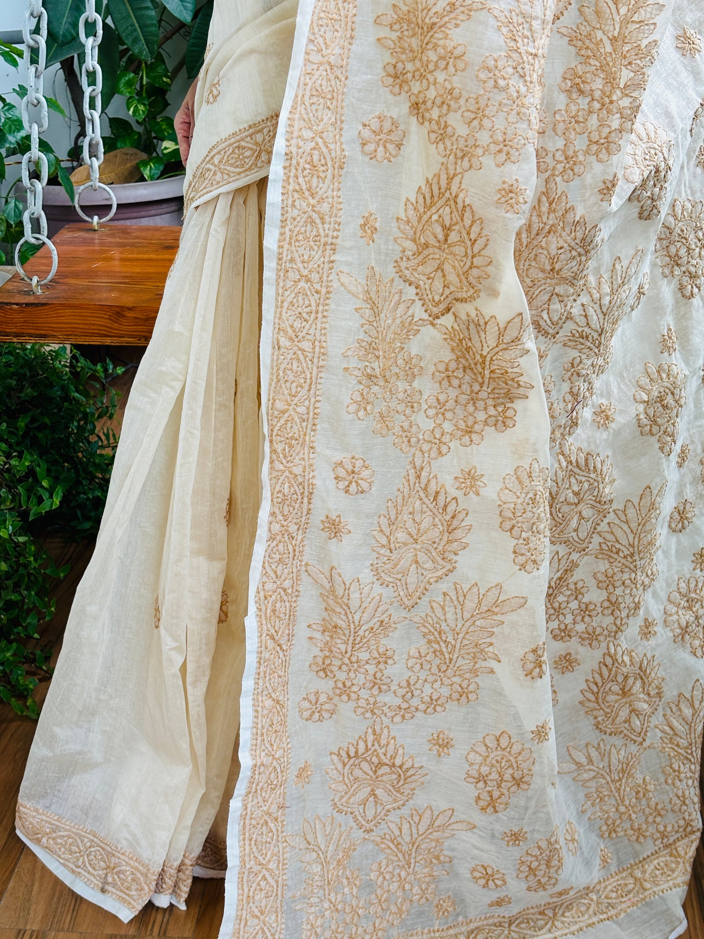 Light Beige Colour Chrushed Candri Cotton Chikankari Hand Embroidered Saree