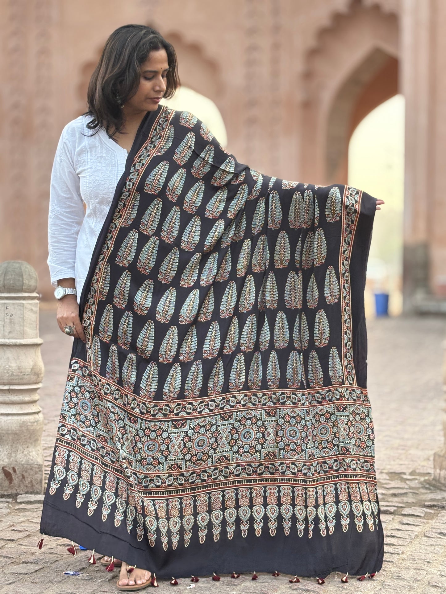 Black Colour Ashoka Motif Dupatta,ashoka motif, contemporary dupatta, front view.