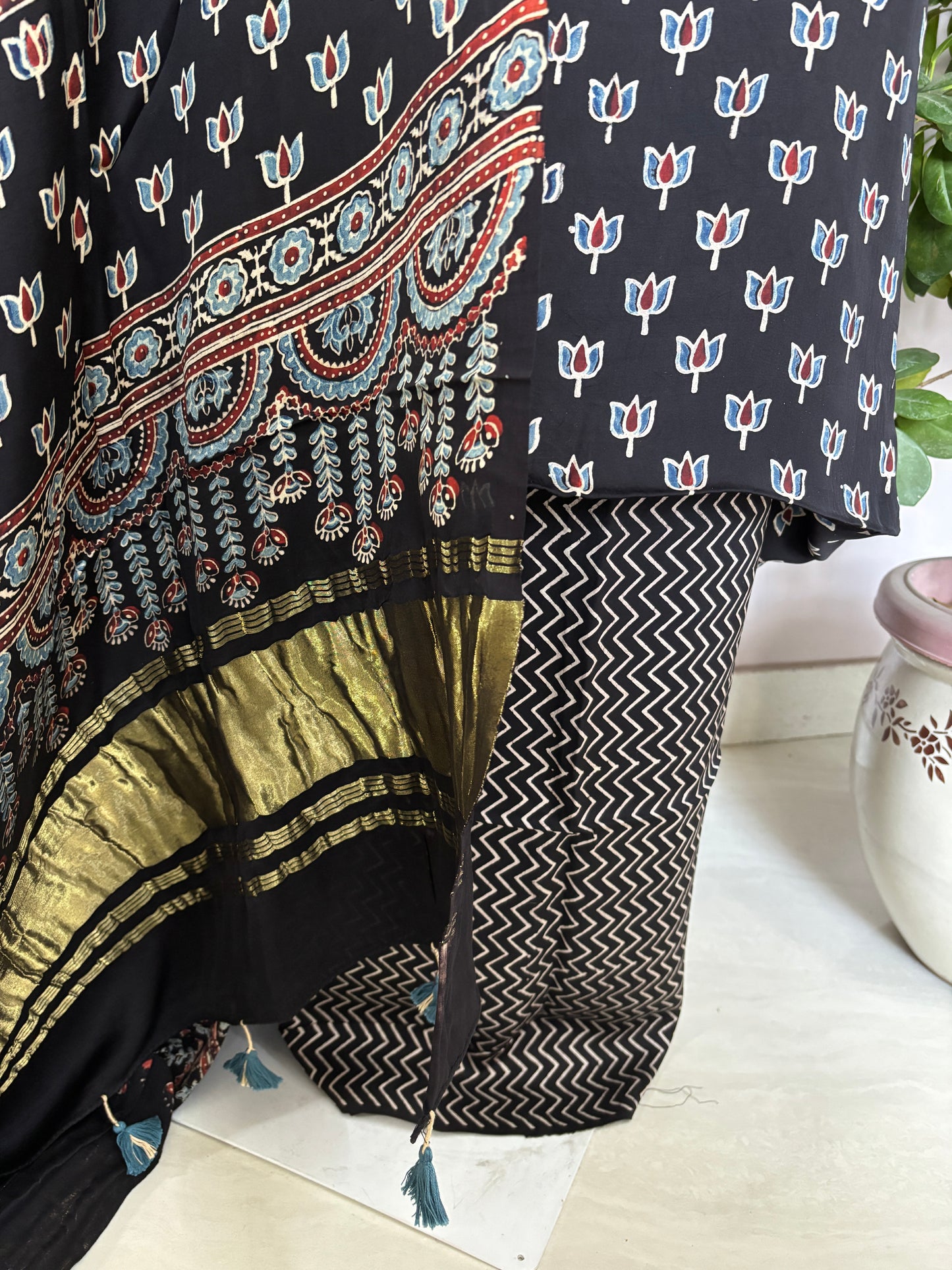 Natural dyed ajrakh modal 3 piece suit fabric bottom view