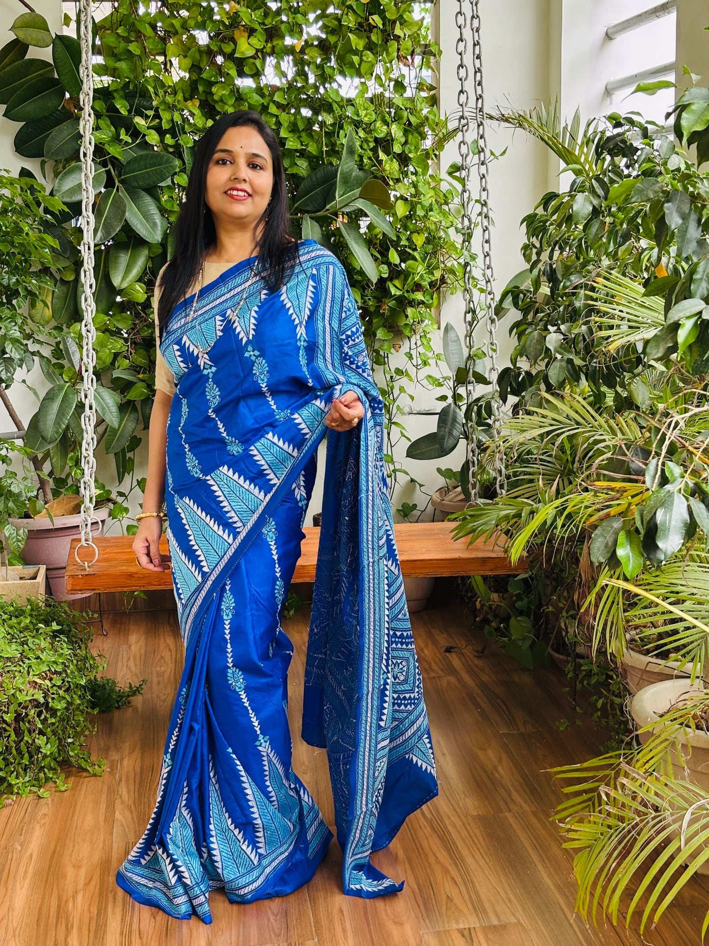 Kantha Hand Embroidered Pure Bangalore Silk Saree in Contemporary Style