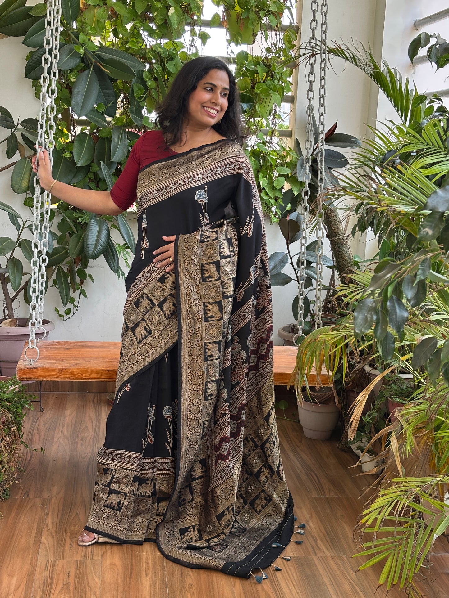 Guldasta - Black Colour Natural Dyed Floral Stalk Motif Ajrakh Hand Block Printed Dola Silk Saree