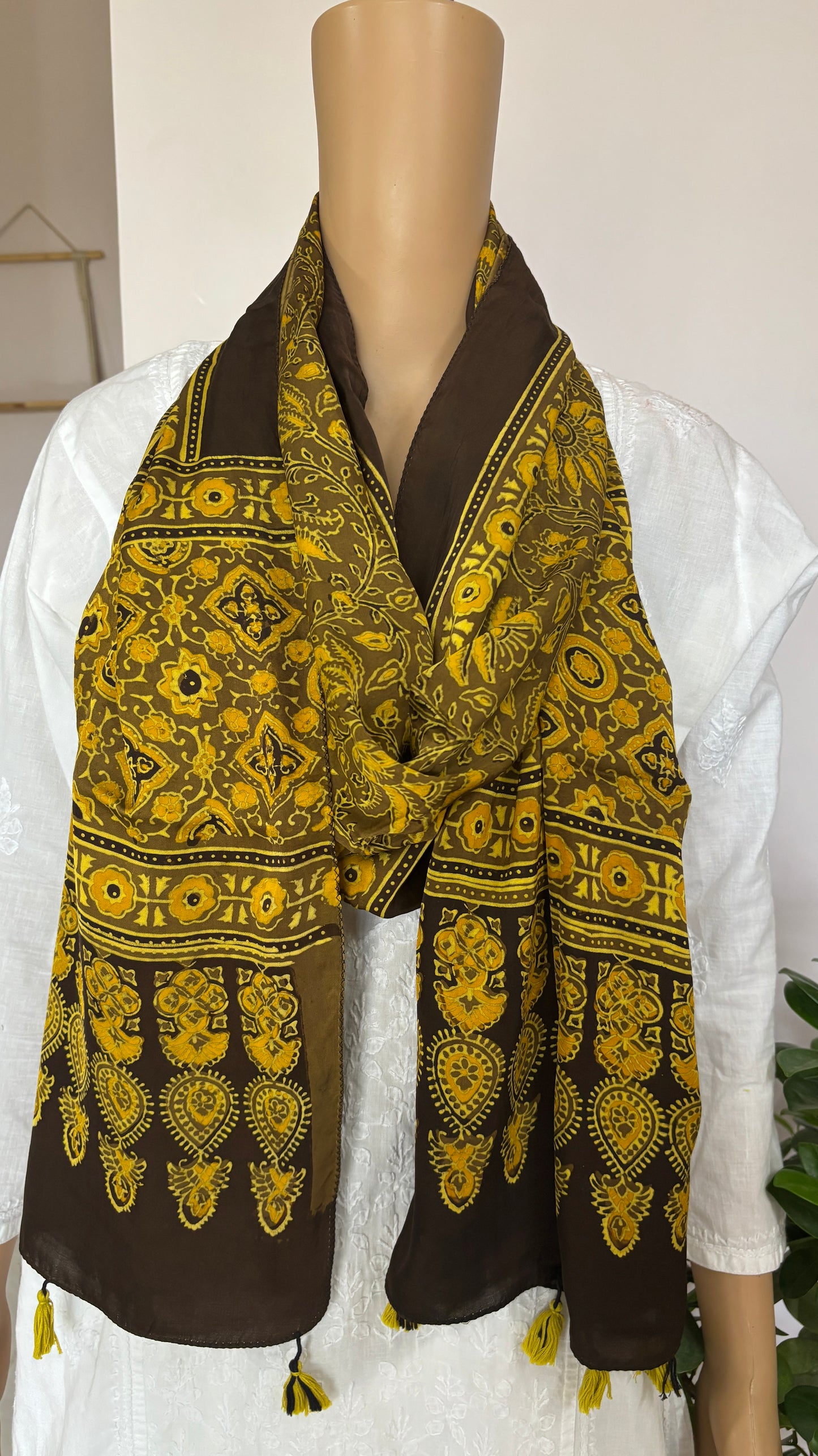 Earthen Brown and Yellow Floral Jaal Stole,ajrakh modal stole, closer view.