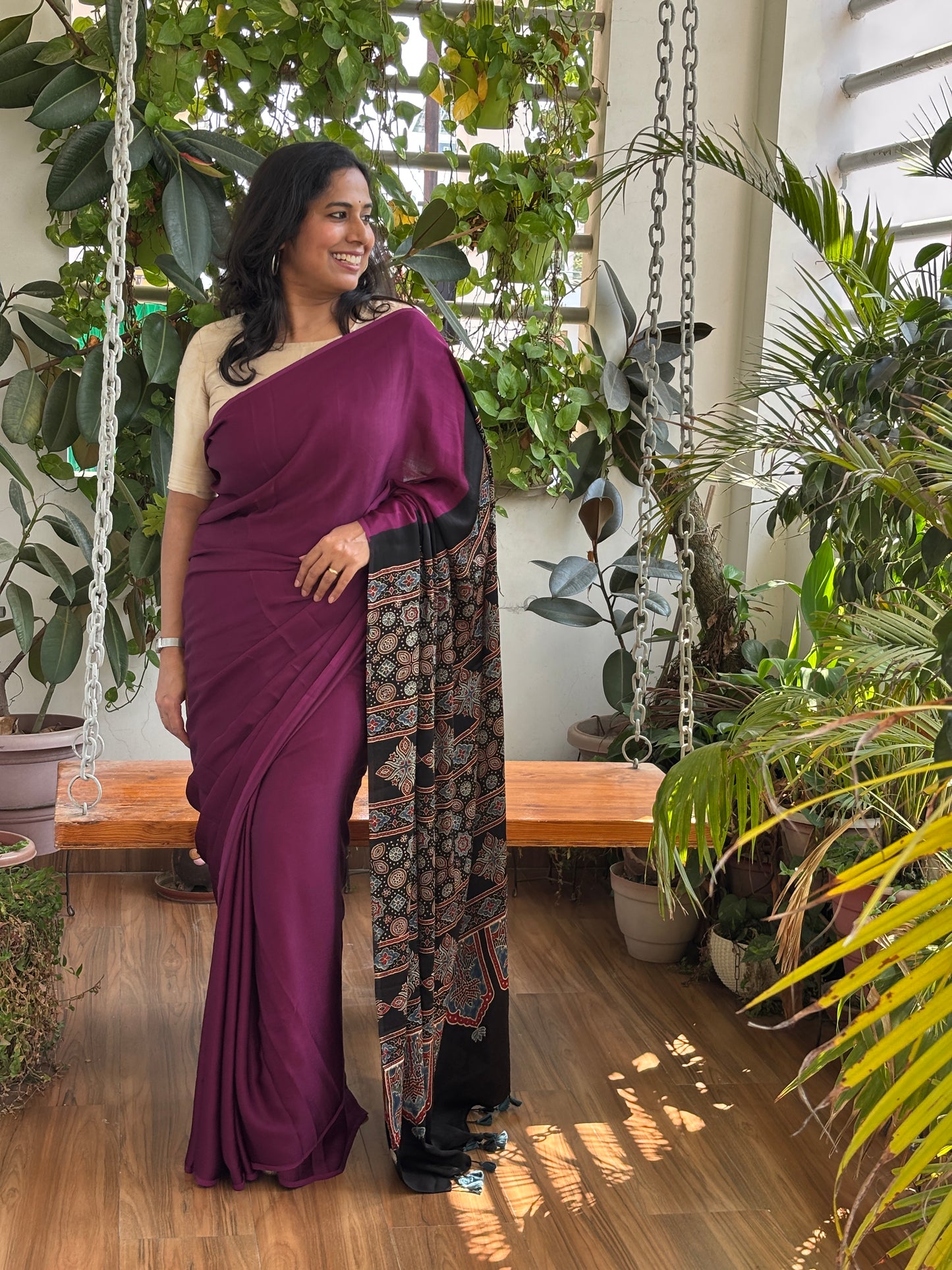 Crushed Berry- Wine Colour Body and Natural Dyed Ajrakh Anchal Premium Modal Saree