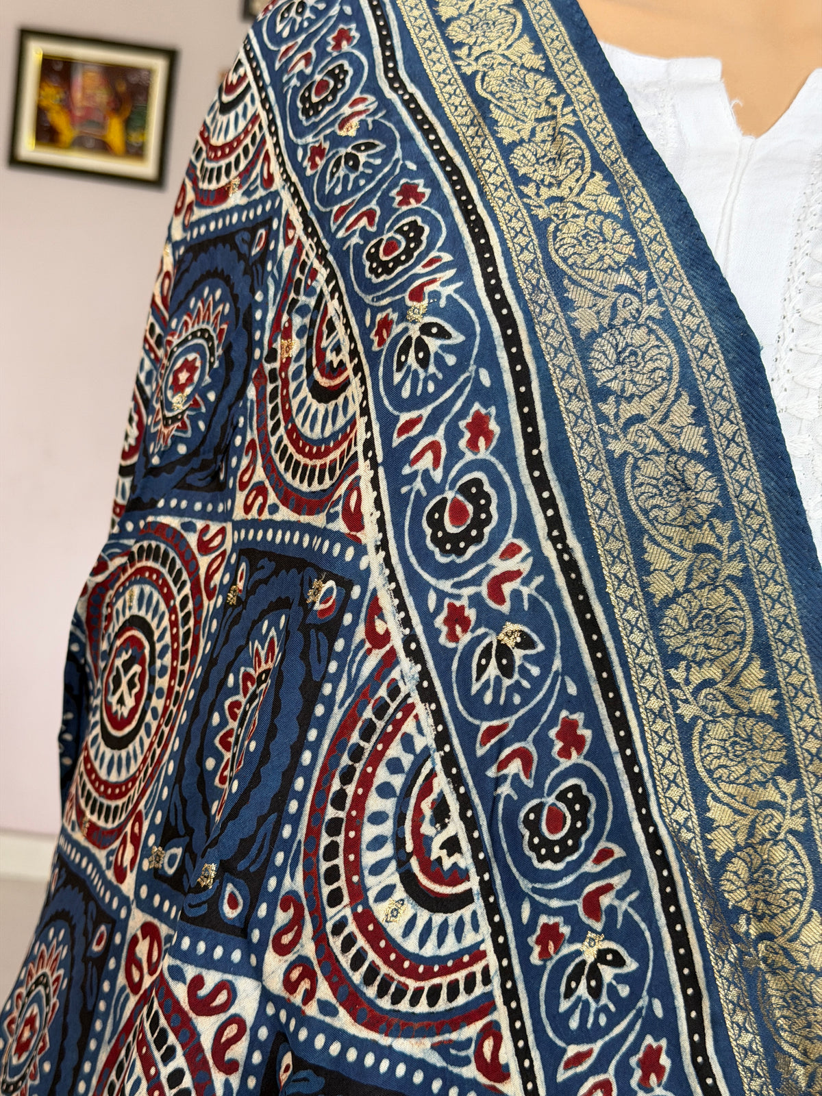 Ajrakh Dola Silk Dupatta With Zari Weaved Border
