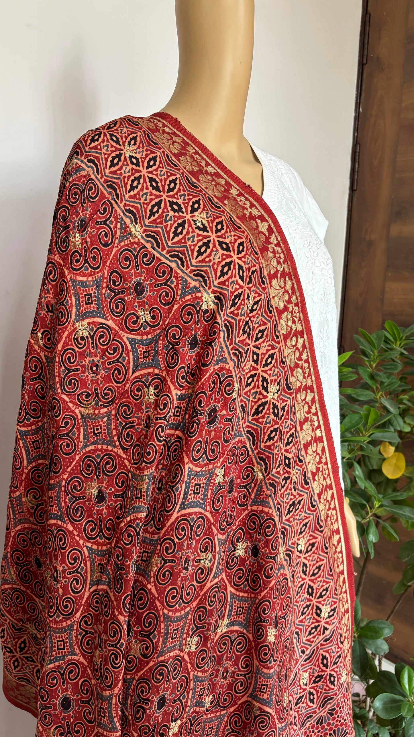 Hand Block Ajrakh Dola Silk Dupatta With Zari weaved closer view
