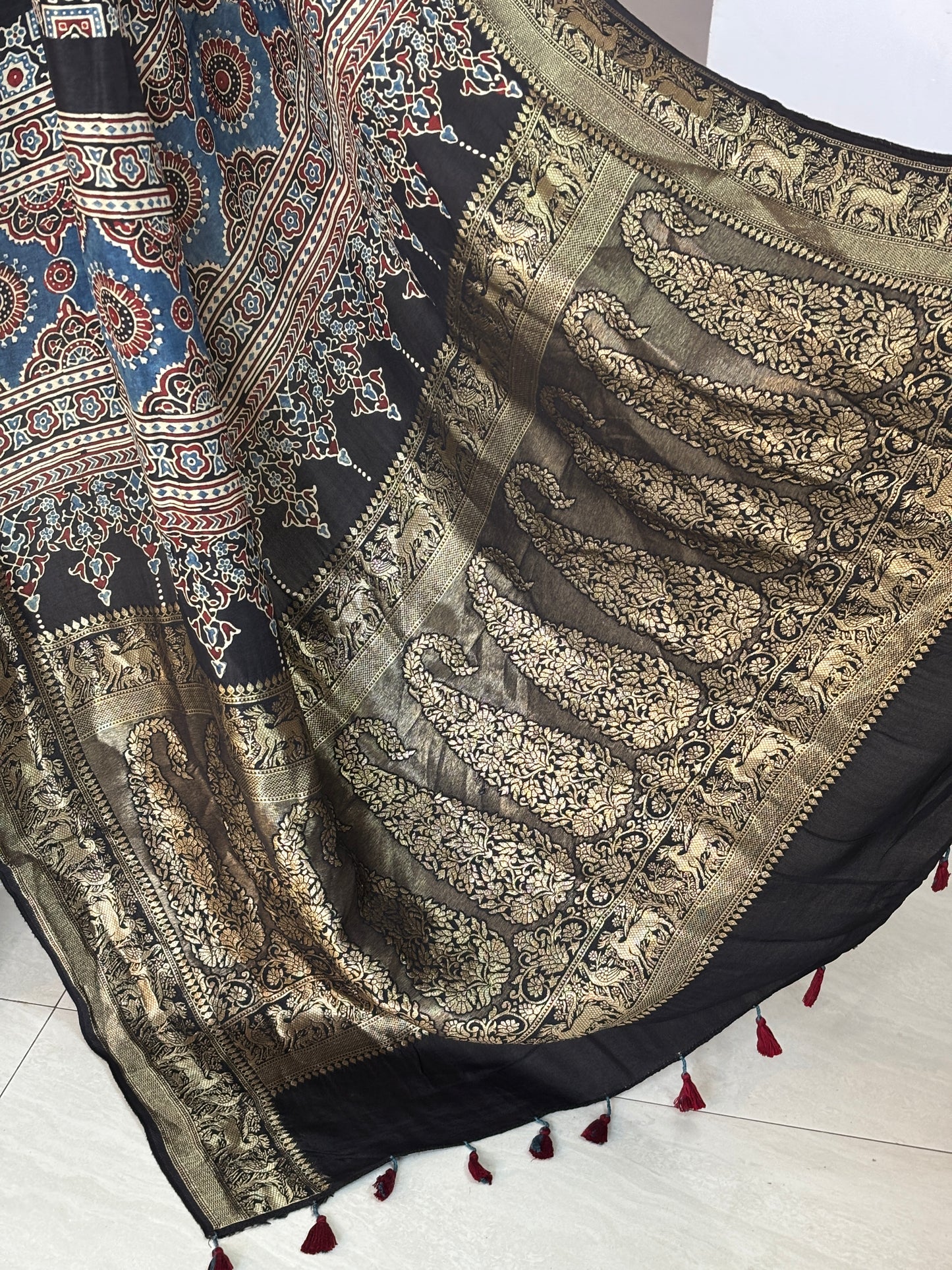 Black Ajrakh Saree In Dola Silk