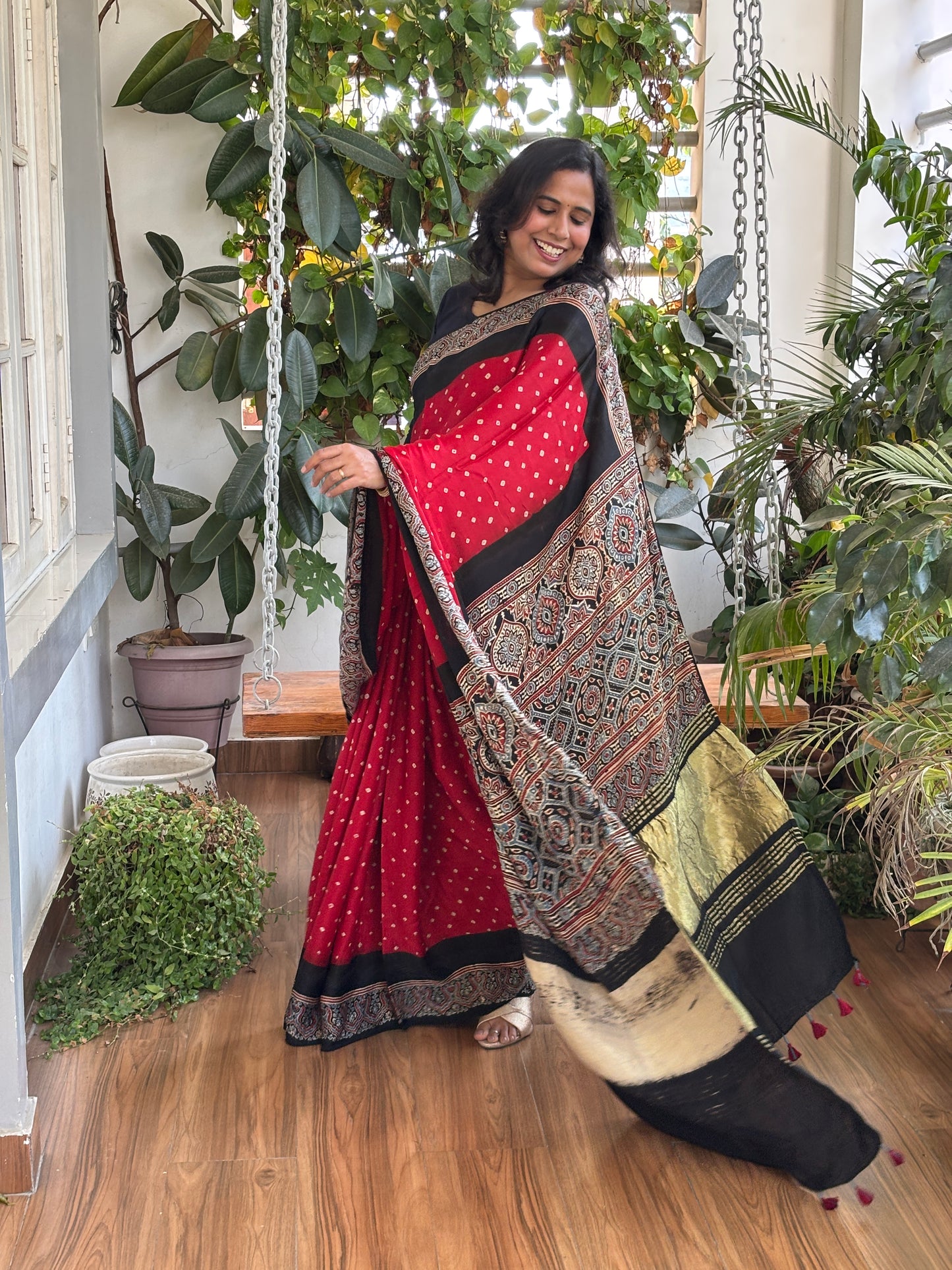 Laal Chadi - Hand Bandhej Body and Ajrakh Hand Block Anchal and Border Modal Gaji Silk Saree
